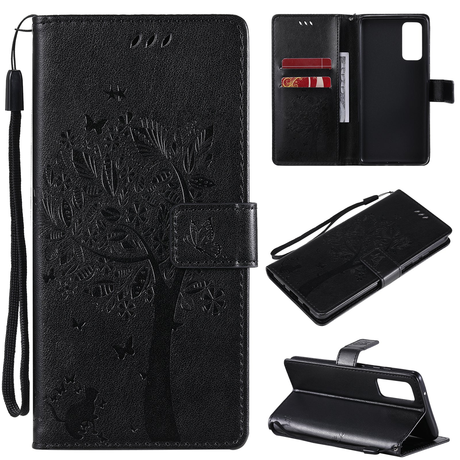 Wallet Stand Design Full Protection KT Imprinting Flower Series-3 Cat and Tree Imprinting Leather Cover + TPU Inner Phone Case for Samsung Galaxy S20 FE 2022/S20 FE 4G/S20 FE 5G/S20 Lite - Black