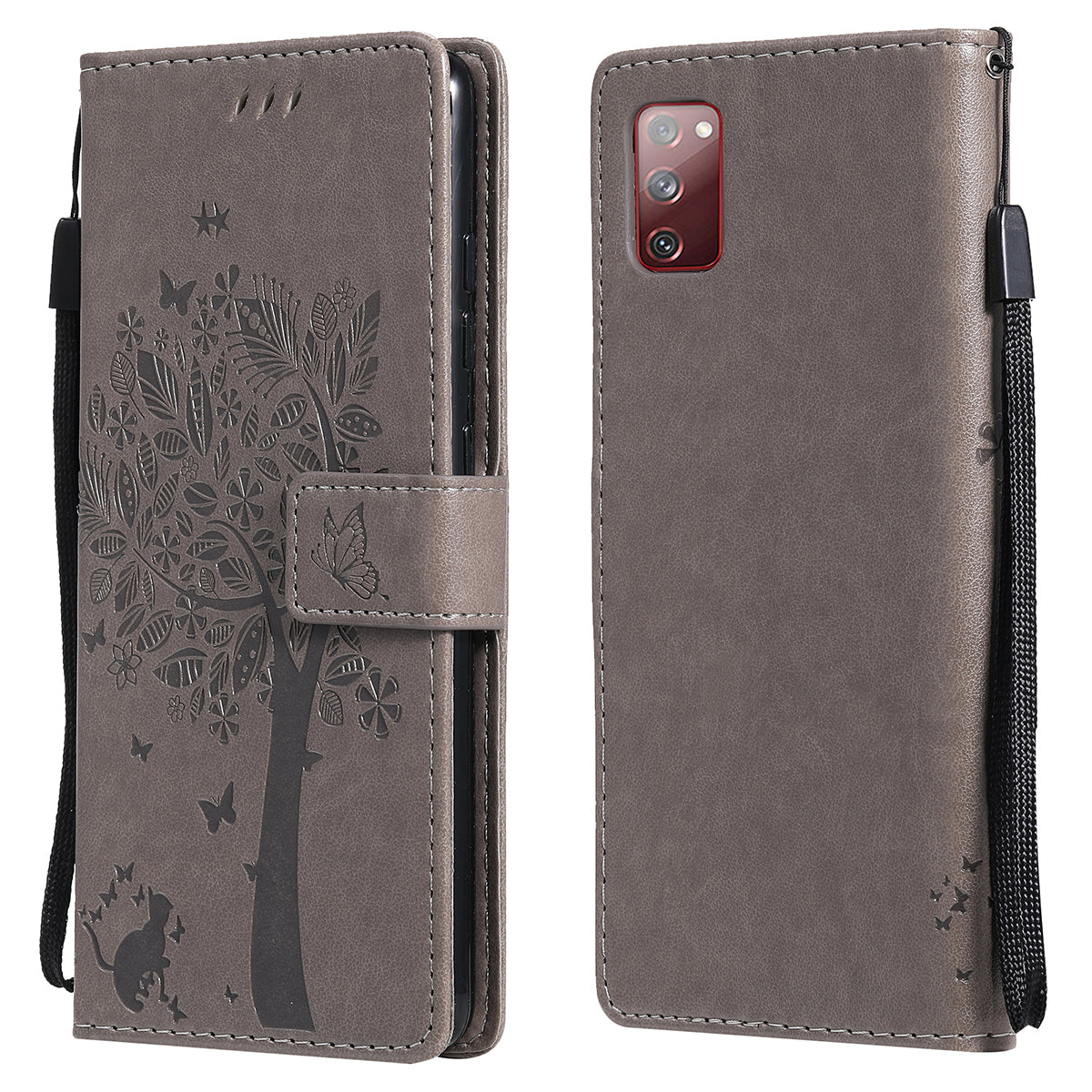 Wallet Stand Design Full Protection KT Imprinting Flower Series-3 Cat and Tree Imprinting Leather Cover + TPU Inner Phone Case for Samsung Galaxy S20 FE 2022/S20 FE 4G/S20 FE 5G/S20 Lite - Grey