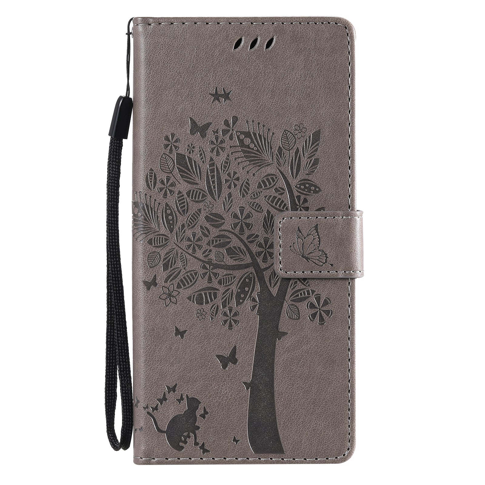 Wallet Stand Design Full Protection KT Imprinting Flower Series-3 Cat and Tree Imprinting Leather Cover + TPU Inner Phone Case for Samsung Galaxy S20 FE 2022/S20 FE 4G/S20 FE 5G/S20 Lite - Grey