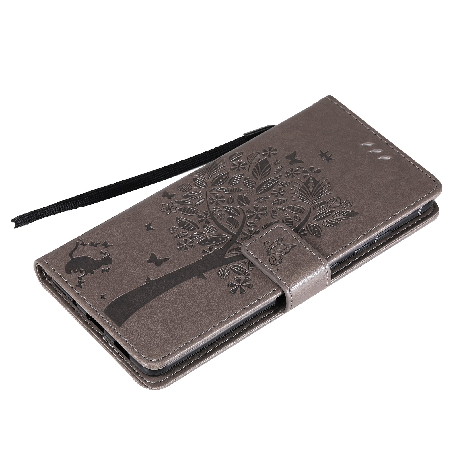 Wallet Stand Design Full Protection KT Imprinting Flower Series-3 Cat and Tree Imprinting Leather Cover + TPU Inner Phone Case for Samsung Galaxy S20 FE 2022/S20 FE 4G/S20 FE 5G/S20 Lite - Grey