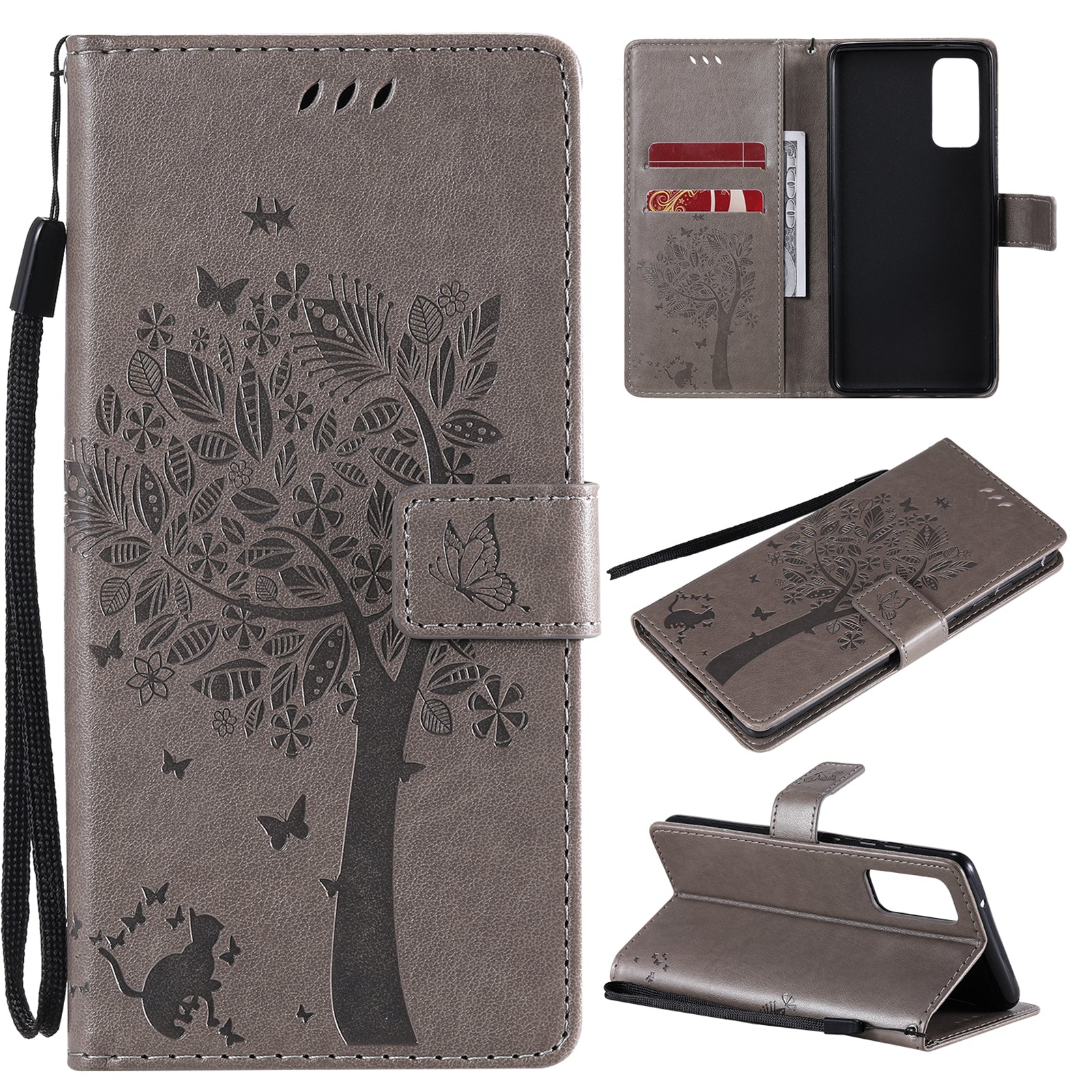 Wallet Stand Design Full Protection KT Imprinting Flower Series-3 Cat and Tree Imprinting Leather Cover + TPU Inner Phone Case for Samsung Galaxy S20 FE 2022/S20 FE 4G/S20 FE 5G/S20 Lite - Grey