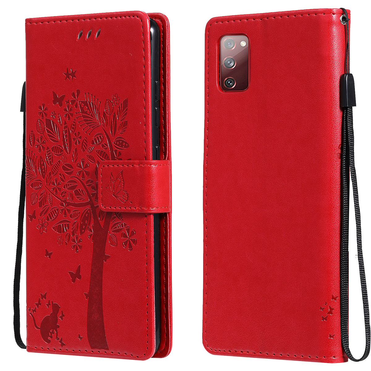 Wallet Stand Design Full Protection KT Imprinting Flower Series-3 Cat and Tree Imprinting Leather Cover + TPU Inner Phone Case for Samsung Galaxy S20 FE 2022/S20 FE 4G/S20 FE 5G/S20 Lite - Red