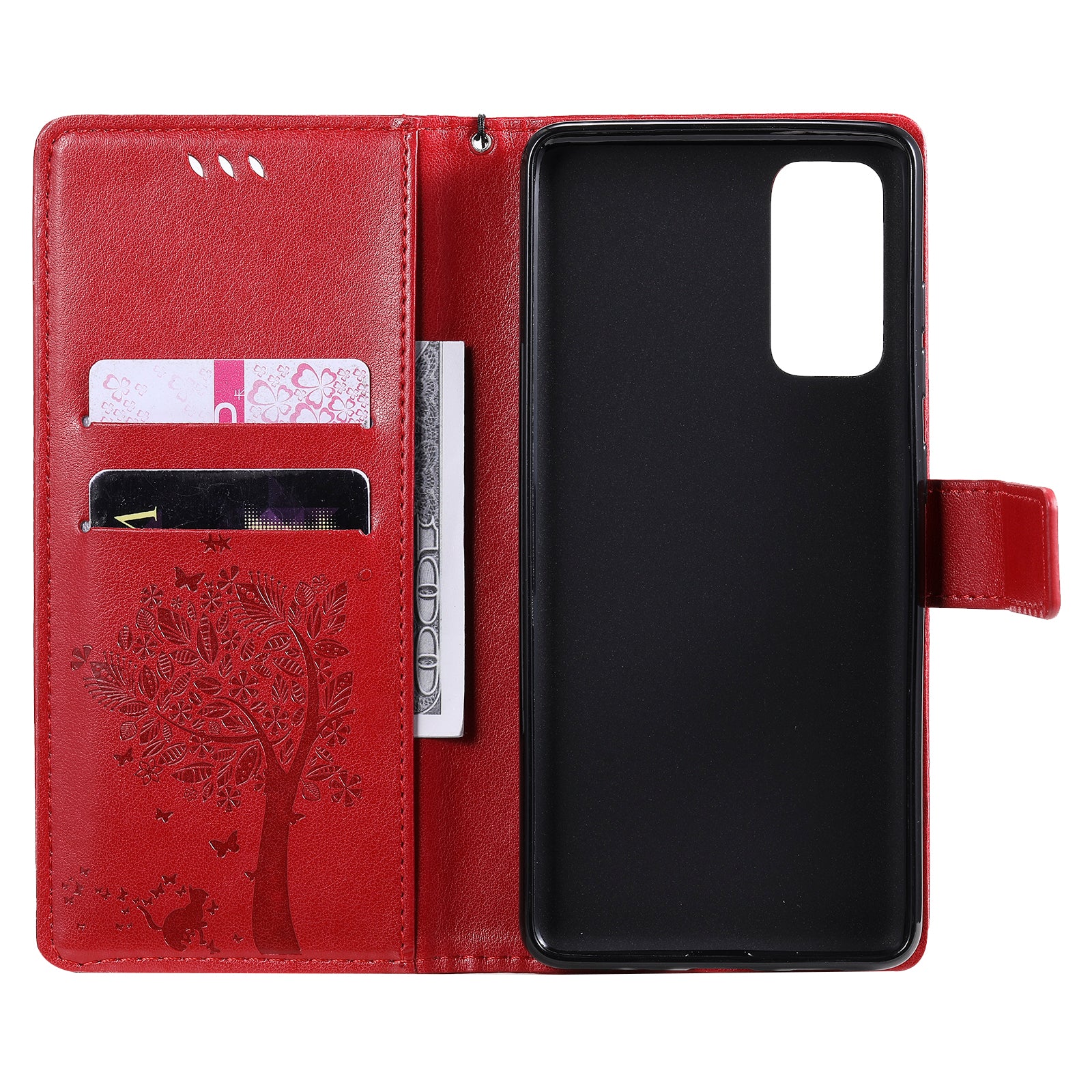 Wallet Stand Design Full Protection KT Imprinting Flower Series-3 Cat and Tree Imprinting Leather Cover + TPU Inner Phone Case for Samsung Galaxy S20 FE 2022/S20 FE 4G/S20 FE 5G/S20 Lite - Red