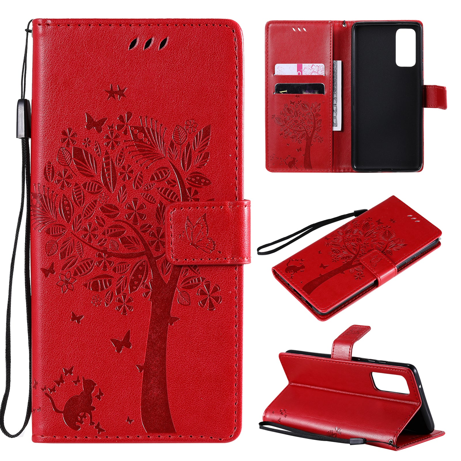 Wallet Stand Design Full Protection KT Imprinting Flower Series-3 Cat and Tree Imprinting Leather Cover + TPU Inner Phone Case for Samsung Galaxy S20 FE 2022/S20 FE 4G/S20 FE 5G/S20 Lite - Red