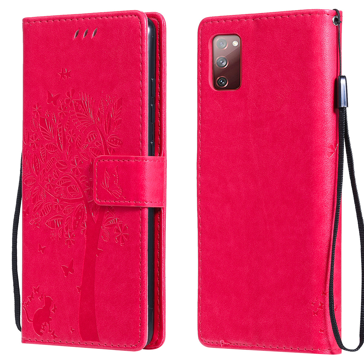 Wallet Stand Design Full Protection KT Imprinting Flower Series-3 Cat and Tree Imprinting Leather Cover + TPU Inner Phone Case for Samsung Galaxy S20 FE 2022/S20 FE 4G/S20 FE 5G/S20 Lite - Rose