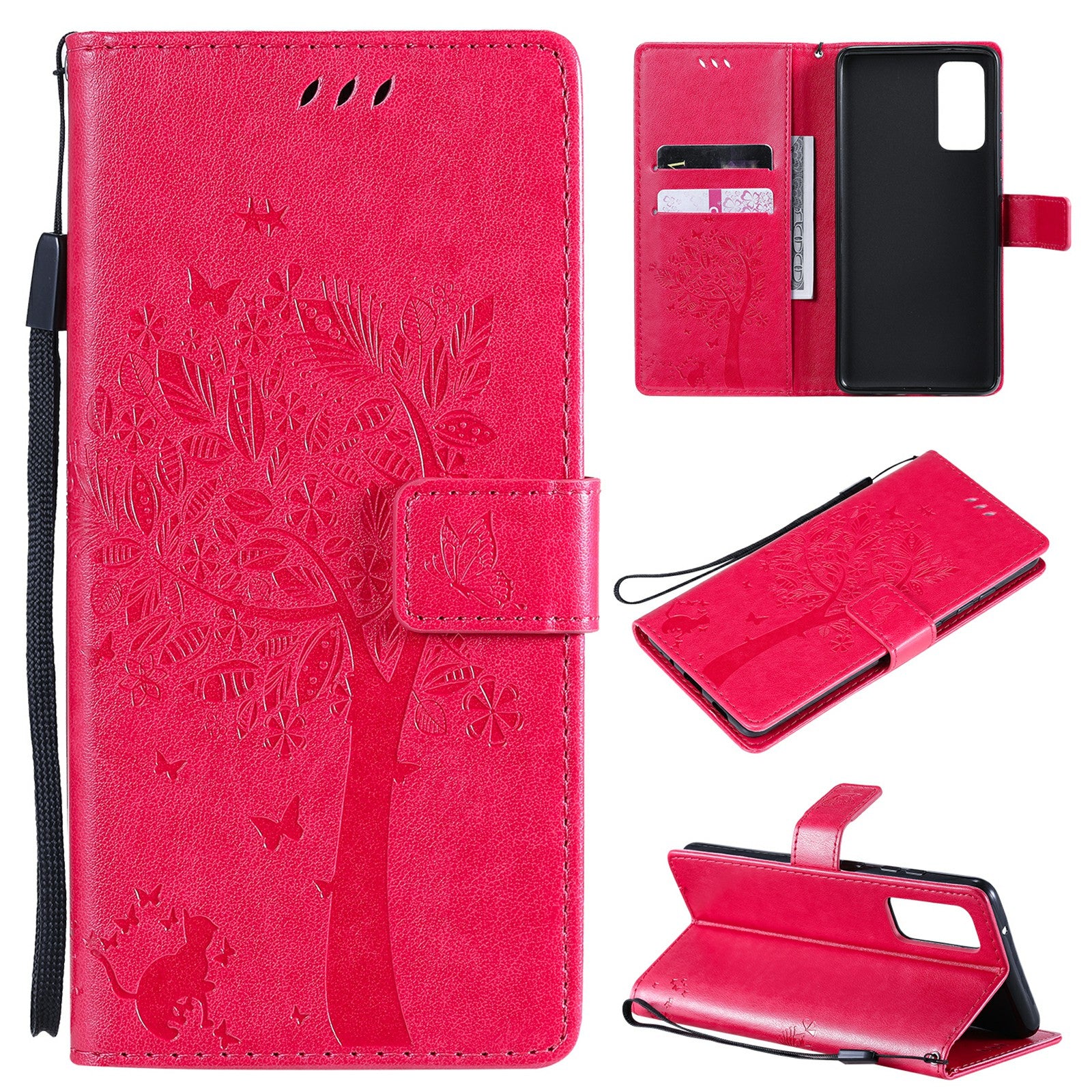 Wallet Stand Design Full Protection KT Imprinting Flower Series-3 Cat and Tree Imprinting Leather Cover + TPU Inner Phone Case for Samsung Galaxy S20 FE 2022/S20 FE 4G/S20 FE 5G/S20 Lite - Rose