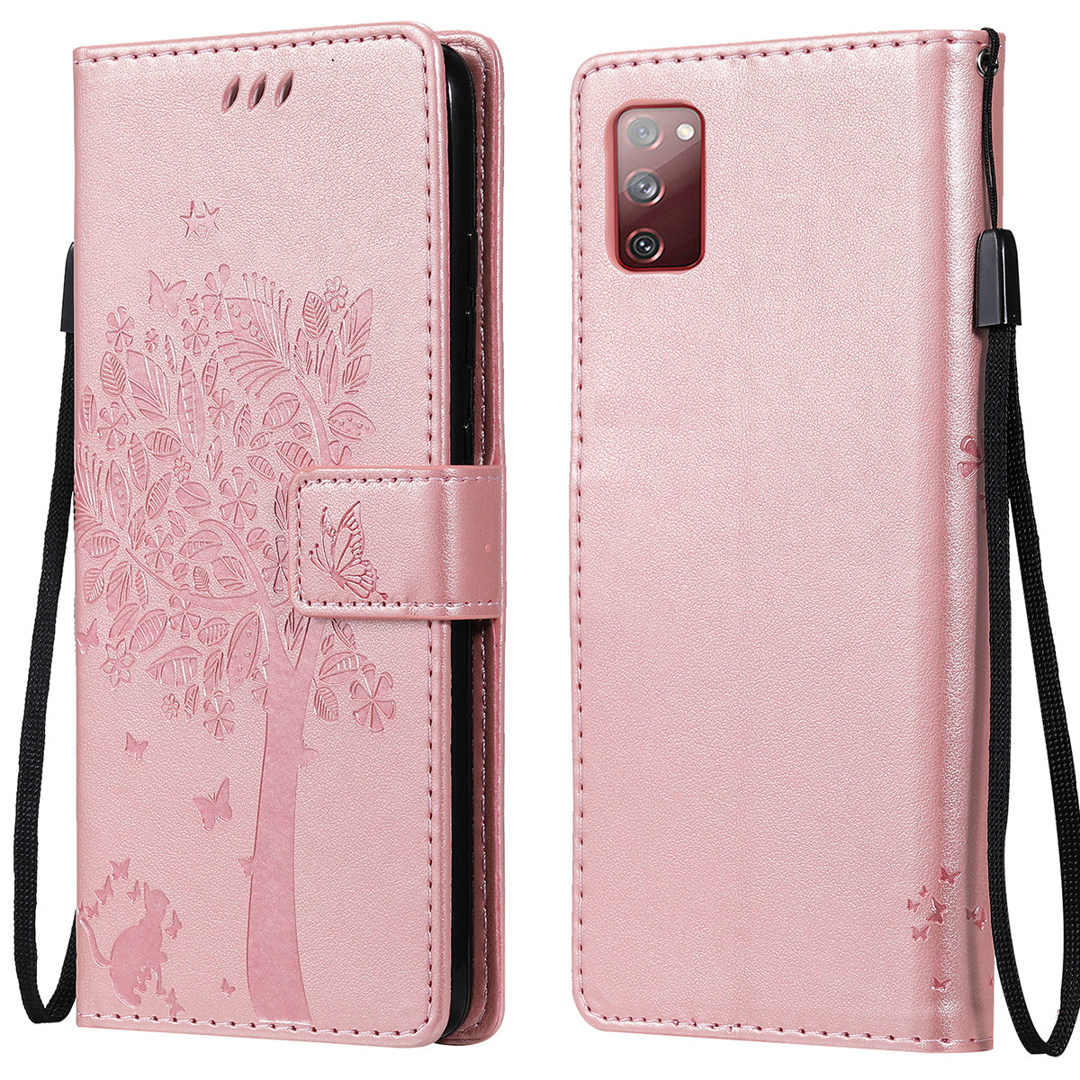 Wallet Stand Design Full Protection KT Imprinting Flower Series-3 Cat and Tree Imprinting Leather Cover + TPU Inner Phone Case for Samsung Galaxy S20 FE 2022/S20 FE 4G/S20 FE 5G/S20 Lite - Rose Gold