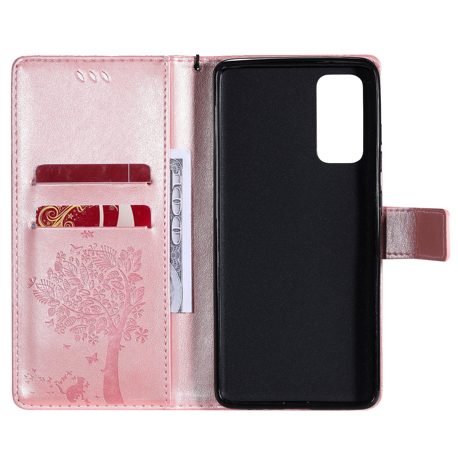 Wallet Stand Design Full Protection KT Imprinting Flower Series-3 Cat and Tree Imprinting Leather Cover + TPU Inner Phone Case for Samsung Galaxy S20 FE 2022/S20 FE 4G/S20 FE 5G/S20 Lite - Rose Gold