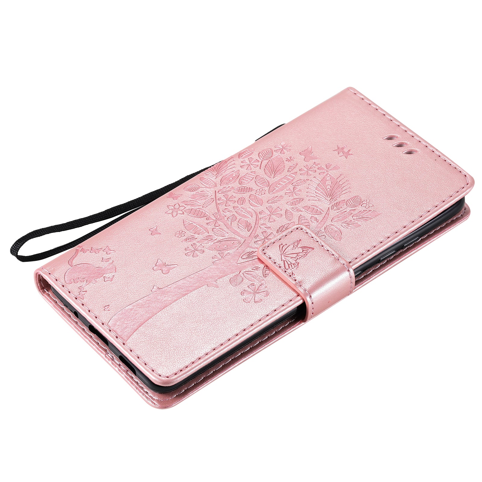 Wallet Stand Design Full Protection KT Imprinting Flower Series-3 Cat and Tree Imprinting Leather Cover + TPU Inner Phone Case for Samsung Galaxy S20 FE 2022/S20 FE 4G/S20 FE 5G/S20 Lite - Rose Gold