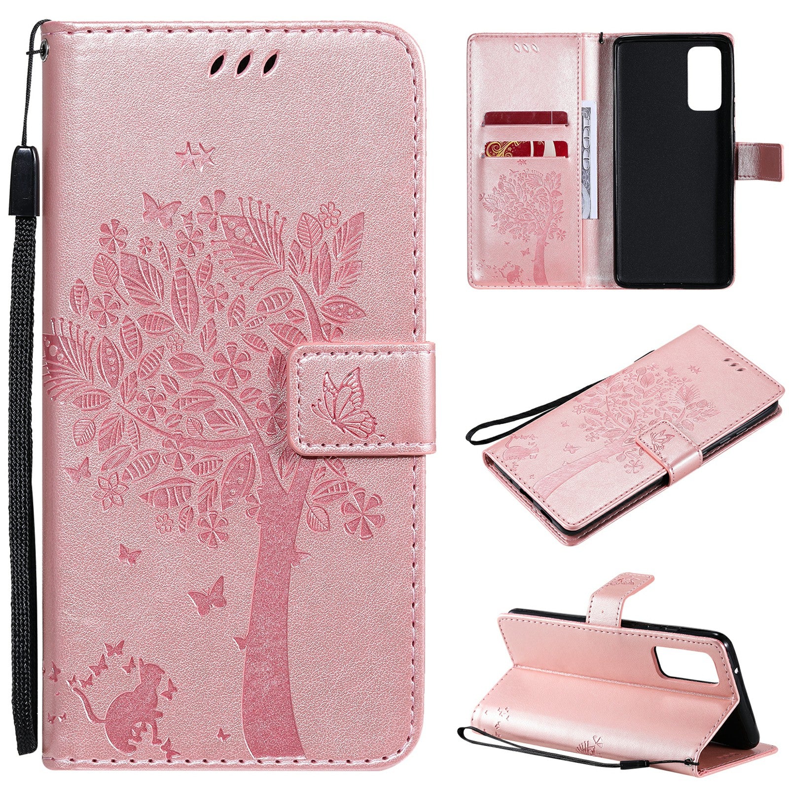 Wallet Stand Design Full Protection KT Imprinting Flower Series-3 Cat and Tree Imprinting Leather Cover + TPU Inner Phone Case for Samsung Galaxy S20 FE 2022/S20 FE 4G/S20 FE 5G/S20 Lite - Rose Gold