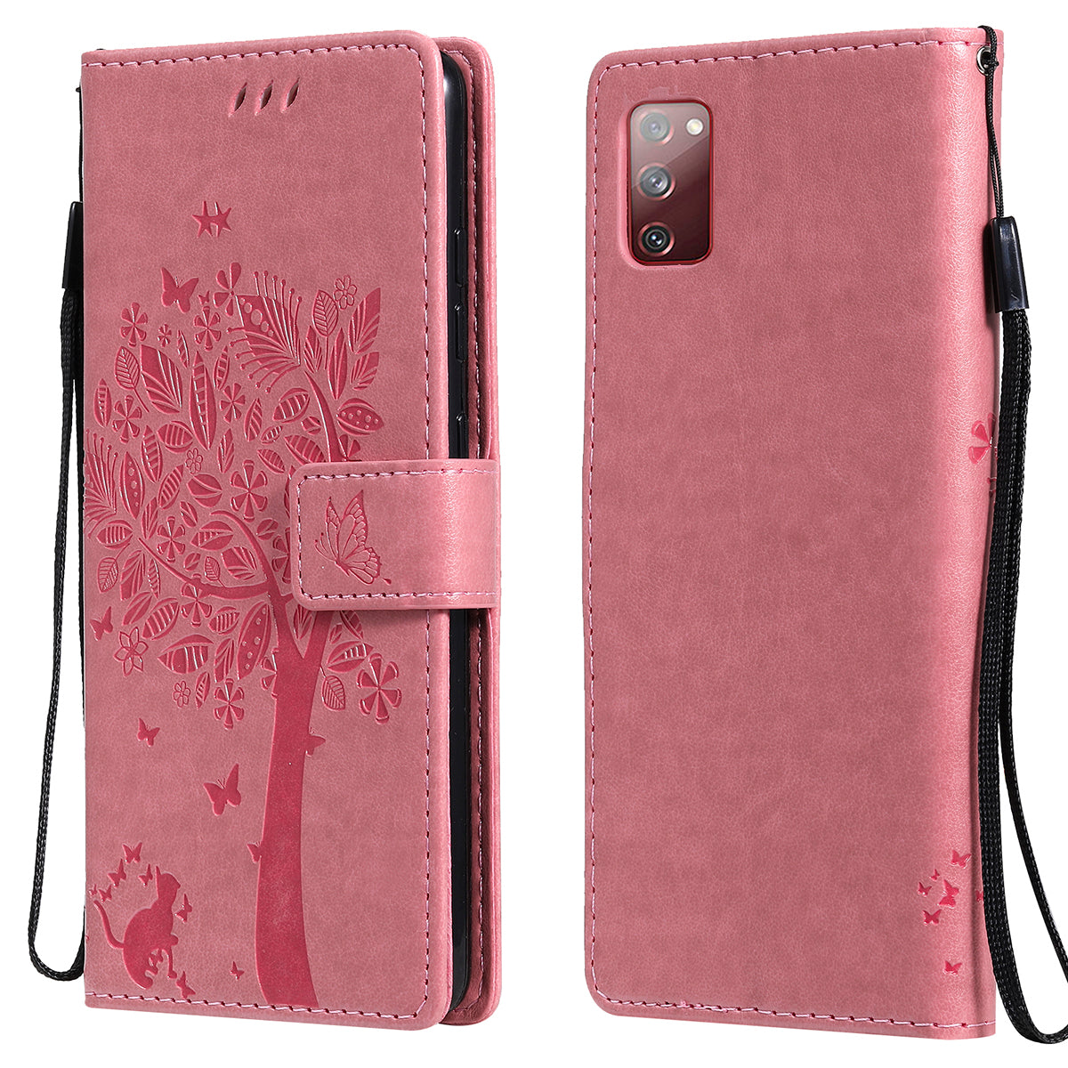 Wallet Stand Design Full Protection KT Imprinting Flower Series-3 Cat and Tree Imprinting Leather Cover + TPU Inner Phone Case for Samsung Galaxy S20 FE 2022/S20 FE 4G/S20 FE 5G/S20 Lite - Pink