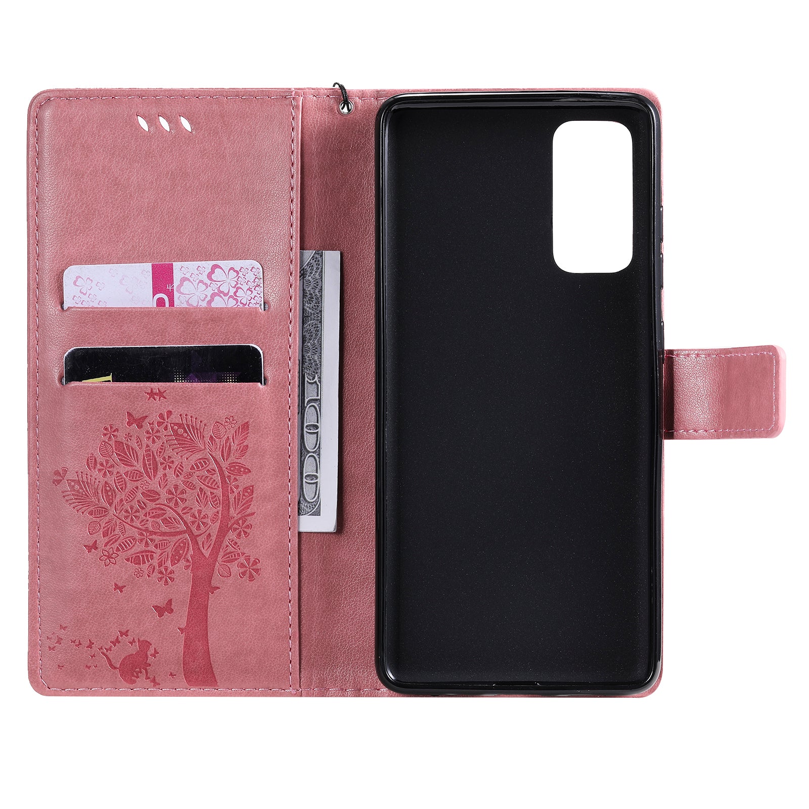 Wallet Stand Design Full Protection KT Imprinting Flower Series-3 Cat and Tree Imprinting Leather Cover + TPU Inner Phone Case for Samsung Galaxy S20 FE 2022/S20 FE 4G/S20 FE 5G/S20 Lite - Pink