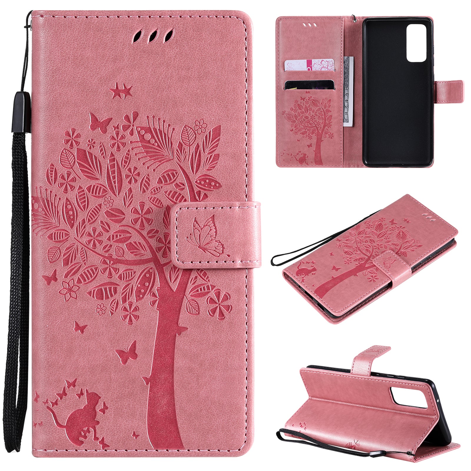 Wallet Stand Design Full Protection KT Imprinting Flower Series-3 Cat and Tree Imprinting Leather Cover + TPU Inner Phone Case for Samsung Galaxy S20 FE 2022/S20 FE 4G/S20 FE 5G/S20 Lite - Pink