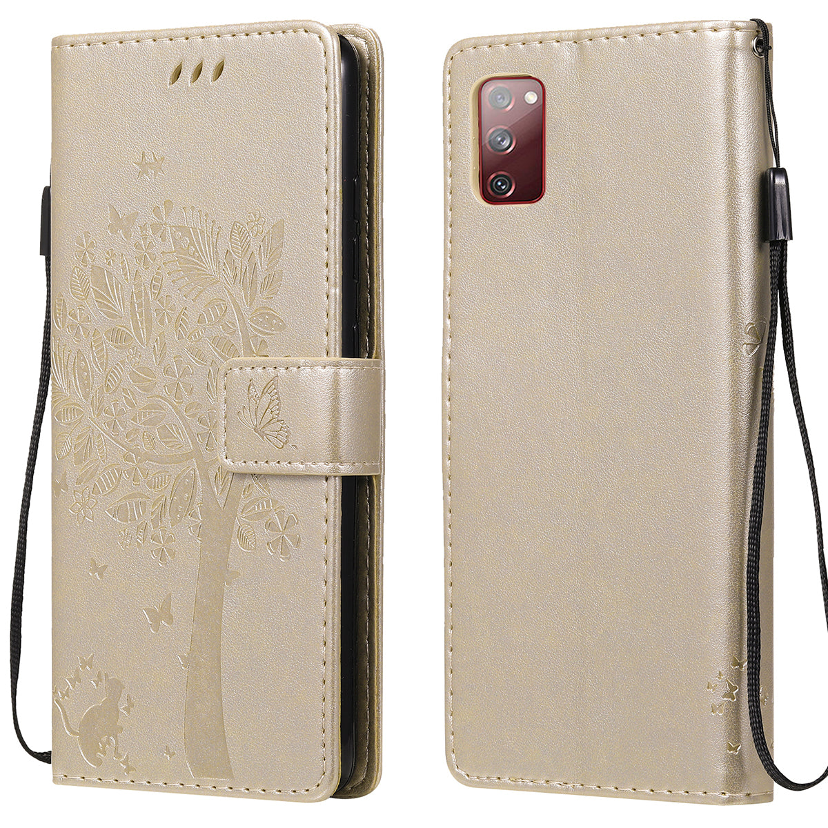 Wallet Stand Design Full Protection KT Imprinting Flower Series-3 Cat and Tree Imprinting Leather Cover + TPU Inner Phone Case for Samsung Galaxy S20 FE 2022/S20 FE 4G/S20 FE 5G/S20 Lite - Gold