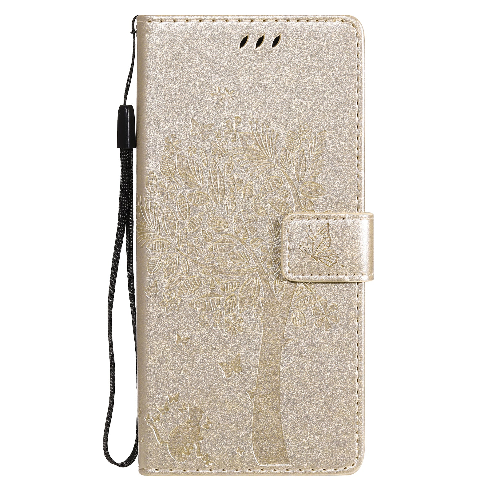 Wallet Stand Design Full Protection KT Imprinting Flower Series-3 Cat and Tree Imprinting Leather Cover + TPU Inner Phone Case for Samsung Galaxy S20 FE 2022/S20 FE 4G/S20 FE 5G/S20 Lite - Gold