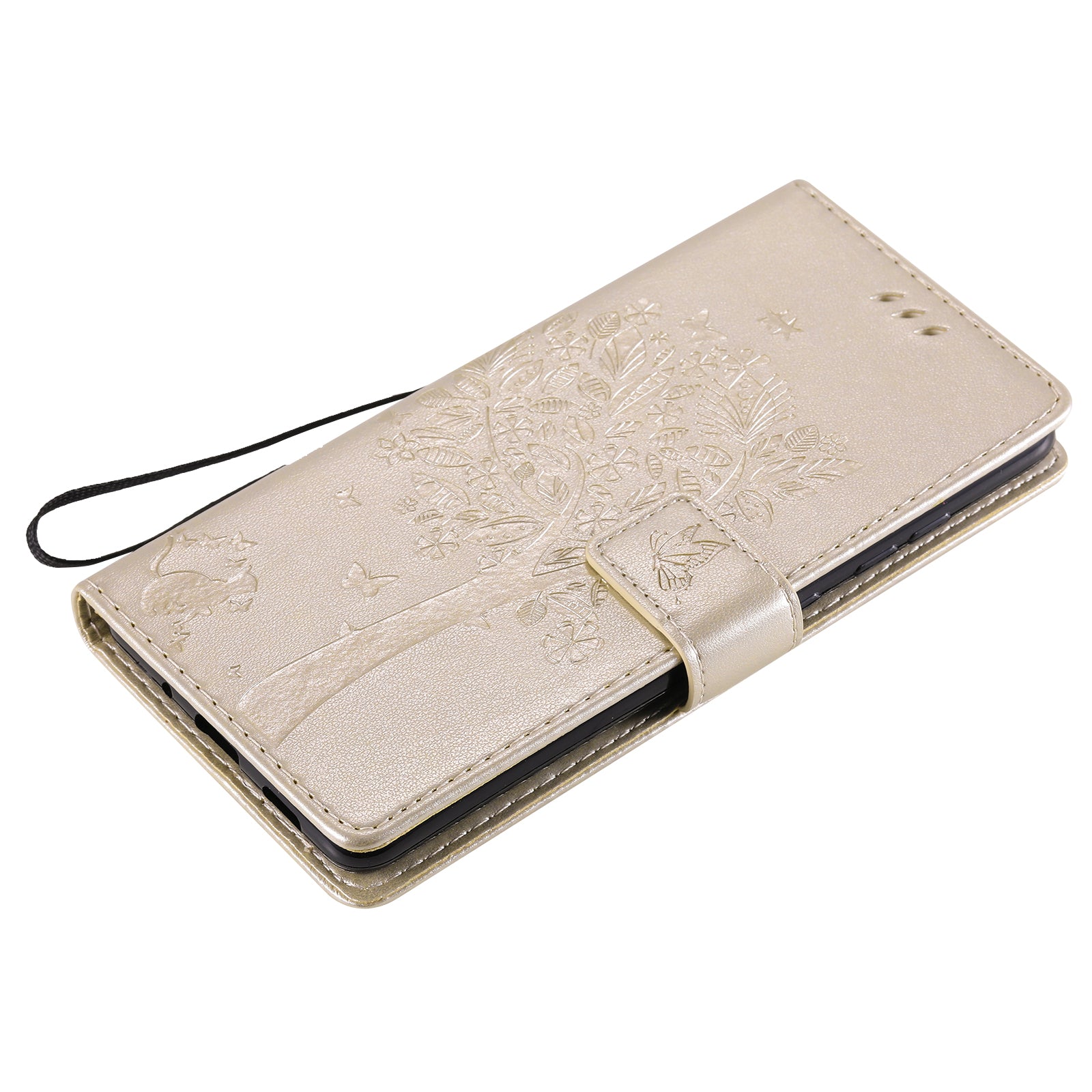 Wallet Stand Design Full Protection KT Imprinting Flower Series-3 Cat and Tree Imprinting Leather Cover + TPU Inner Phone Case for Samsung Galaxy S20 FE 2022/S20 FE 4G/S20 FE 5G/S20 Lite - Gold