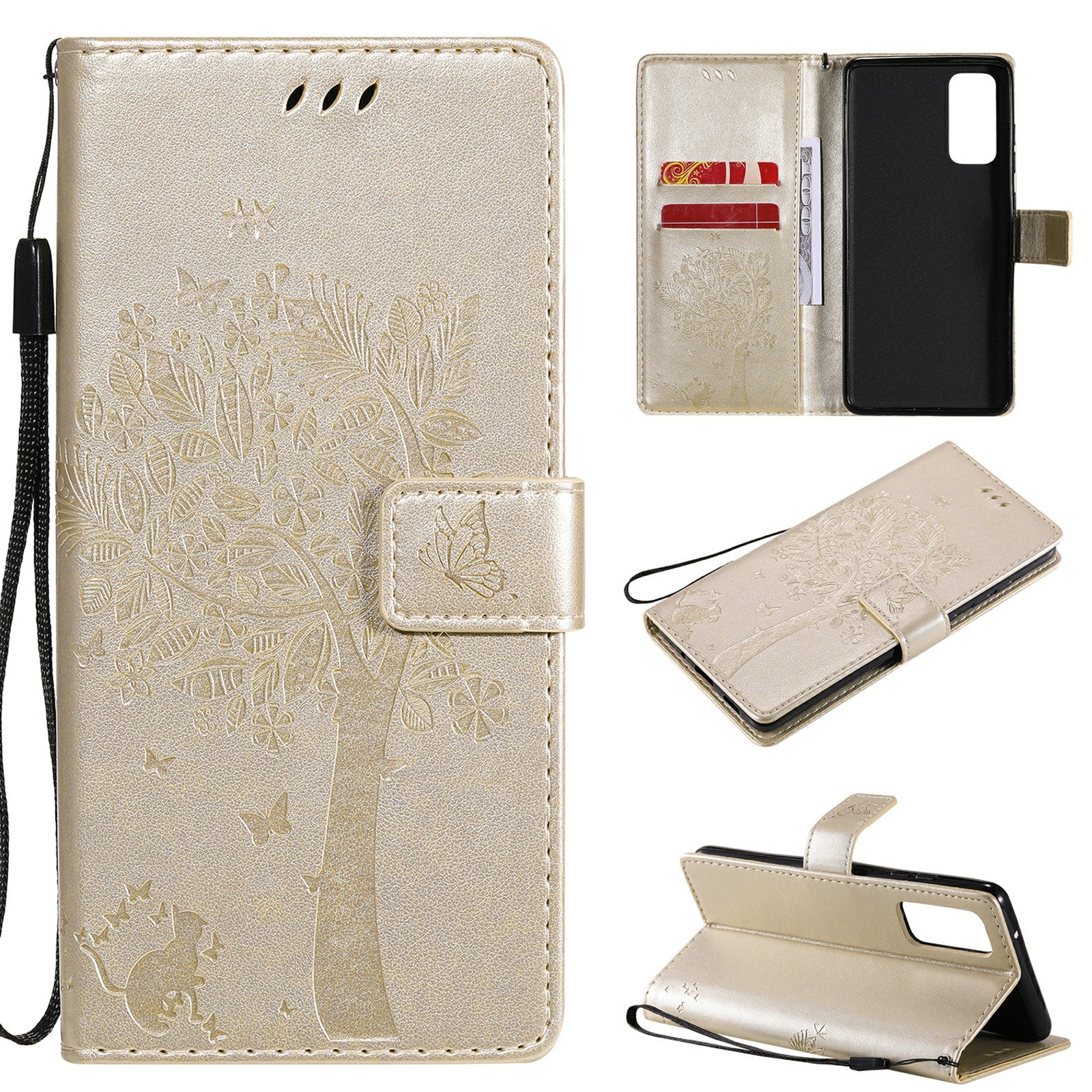 Wallet Stand Design Full Protection KT Imprinting Flower Series-3 Cat and Tree Imprinting Leather Cover + TPU Inner Phone Case for Samsung Galaxy S20 FE 2022/S20 FE 4G/S20 FE 5G/S20 Lite - Gold