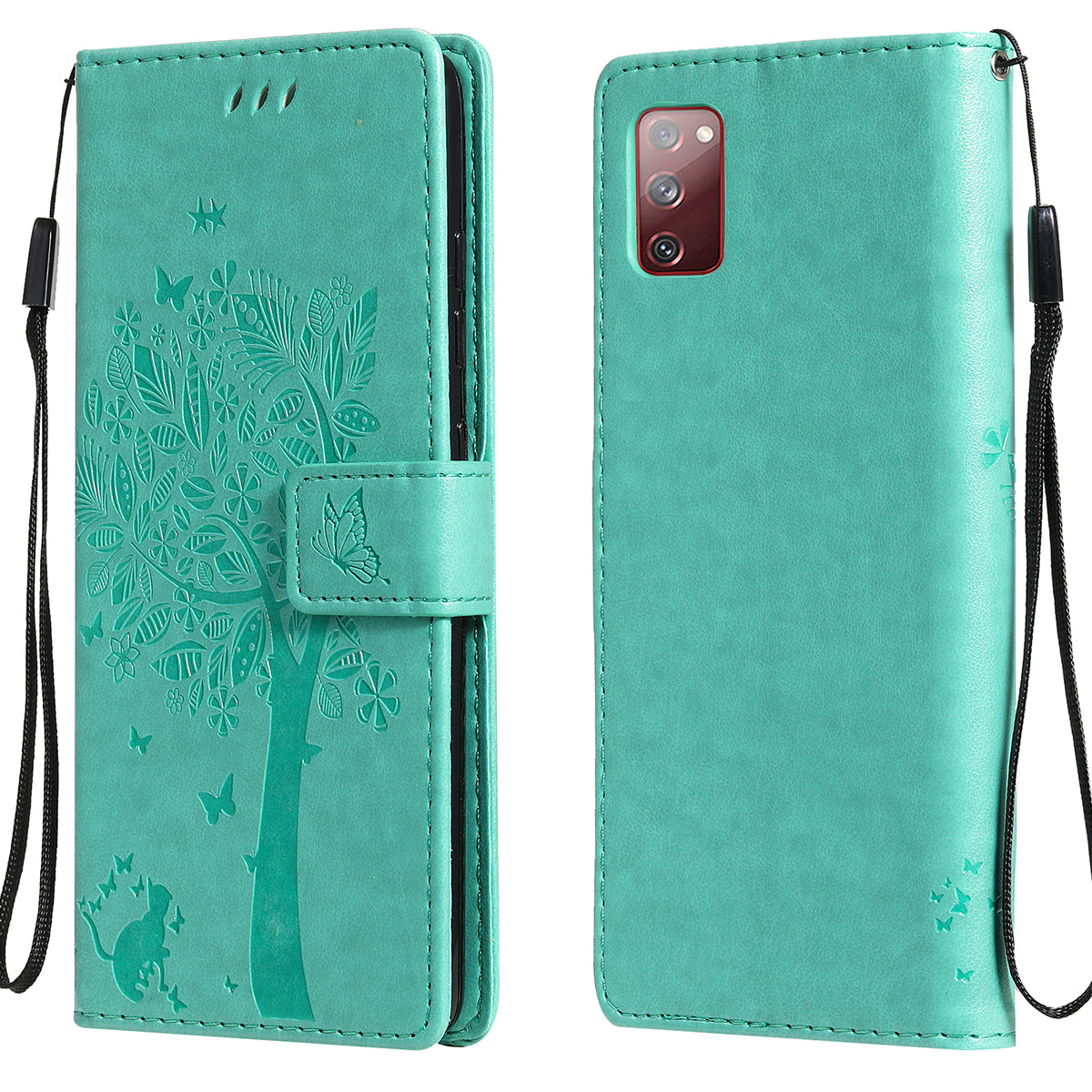 Wallet Stand Design Full Protection KT Imprinting Flower Series-3 Cat and Tree Imprinting Leather Cover + TPU Inner Phone Case for Samsung Galaxy S20 FE 2022/S20 FE 4G/S20 FE 5G/S20 Lite - Green