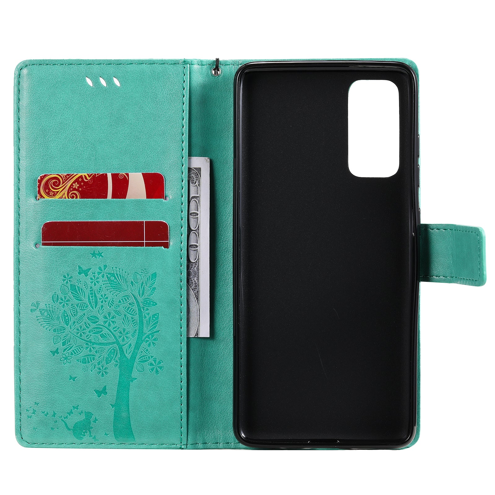 Wallet Stand Design Full Protection KT Imprinting Flower Series-3 Cat and Tree Imprinting Leather Cover + TPU Inner Phone Case for Samsung Galaxy S20 FE 2022/S20 FE 4G/S20 FE 5G/S20 Lite - Green