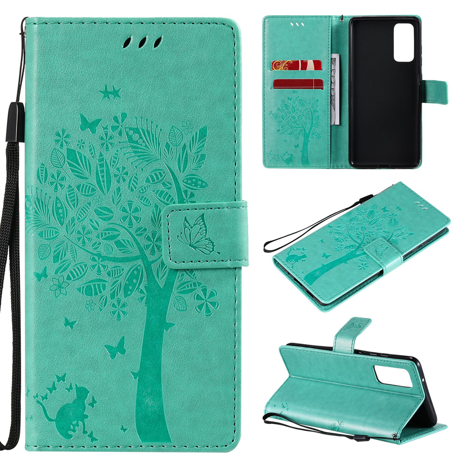 Wallet Stand Design Full Protection KT Imprinting Flower Series-3 Cat and Tree Imprinting Leather Cover + TPU Inner Phone Case for Samsung Galaxy S20 FE 2022/S20 FE 4G/S20 FE 5G/S20 Lite - Green