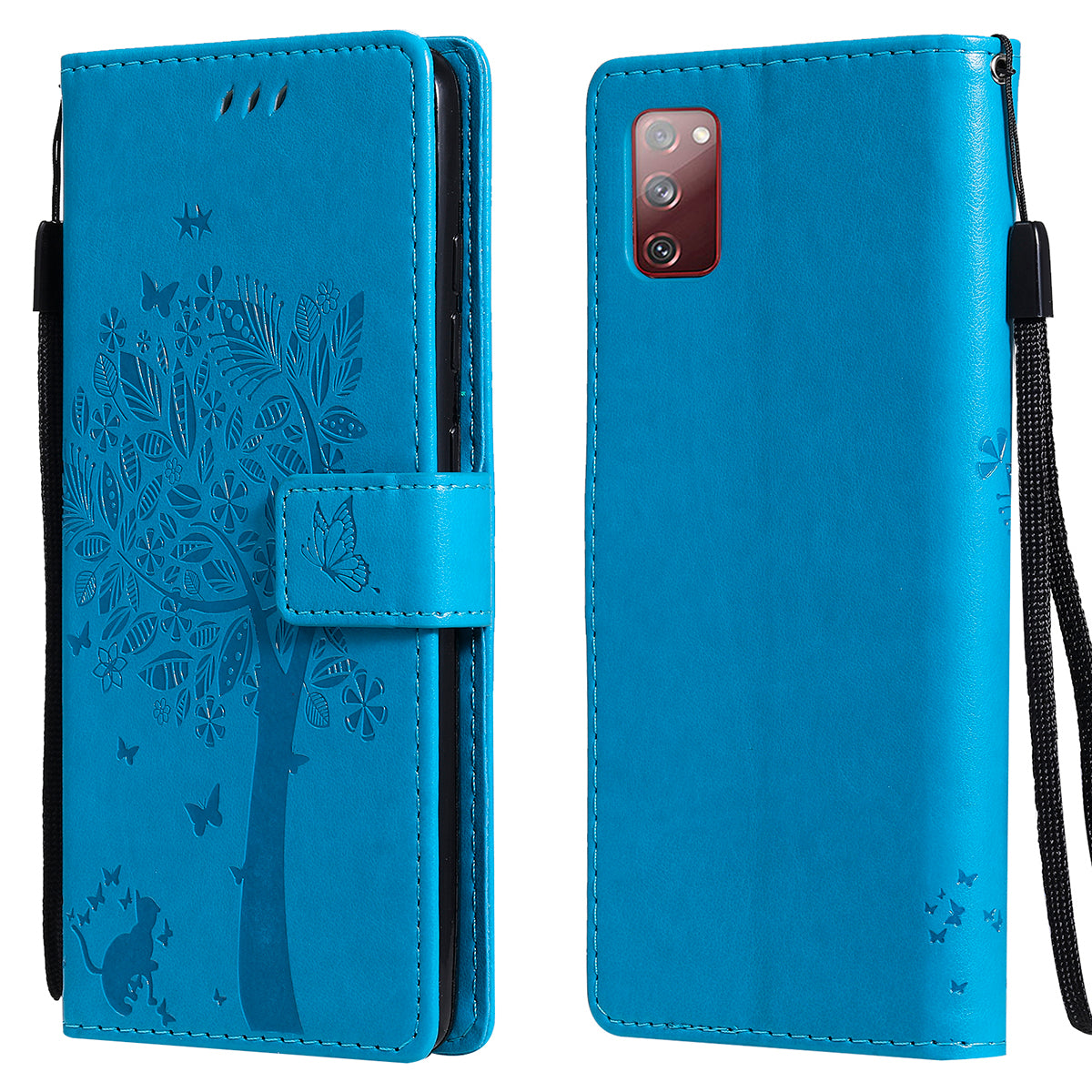 Wallet Stand Design Full Protection KT Imprinting Flower Series-3 Cat and Tree Imprinting Leather Cover + TPU Inner Phone Case for Samsung Galaxy S20 FE 2022/S20 FE 4G/S20 FE 5G/S20 Lite - Blue