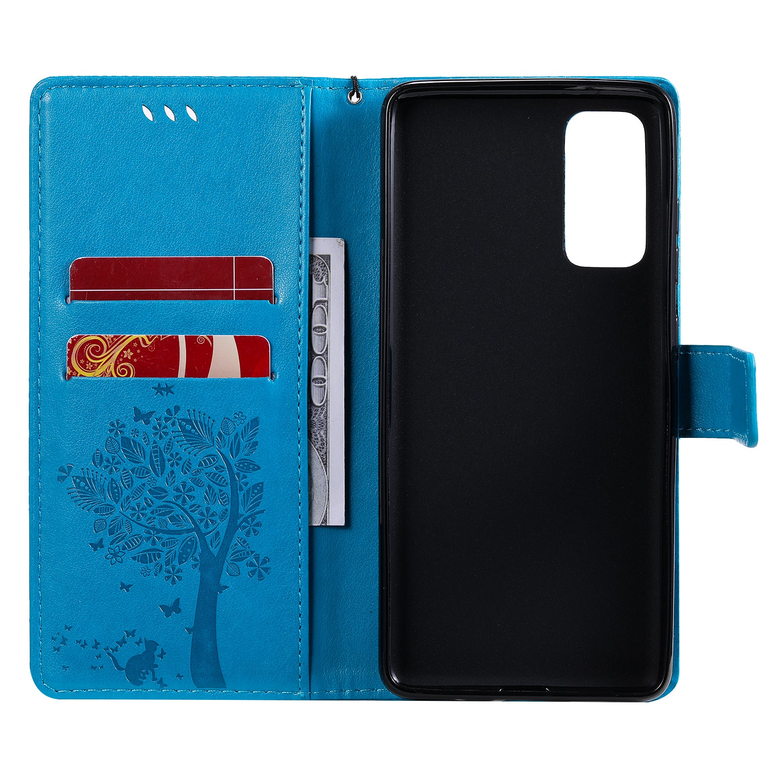 Wallet Stand Design Full Protection KT Imprinting Flower Series-3 Cat and Tree Imprinting Leather Cover + TPU Inner Phone Case for Samsung Galaxy S20 FE 2022/S20 FE 4G/S20 FE 5G/S20 Lite - Blue