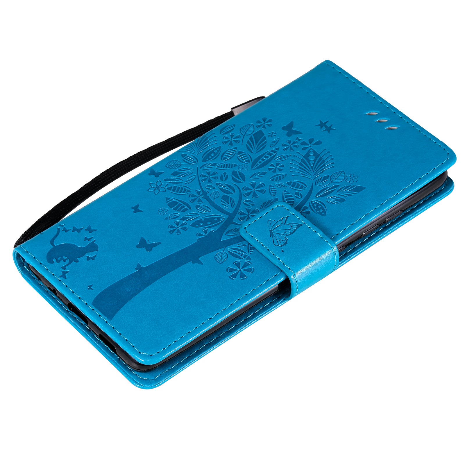 Wallet Stand Design Full Protection KT Imprinting Flower Series-3 Cat and Tree Imprinting Leather Cover + TPU Inner Phone Case for Samsung Galaxy S20 FE 2022/S20 FE 4G/S20 FE 5G/S20 Lite - Blue