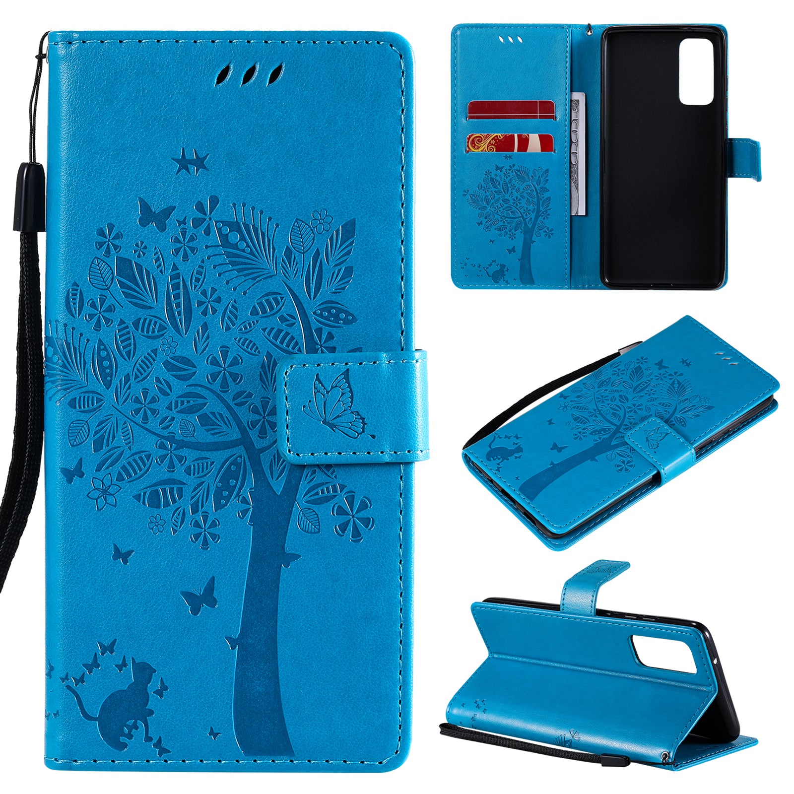 Wallet Stand Design Full Protection KT Imprinting Flower Series-3 Cat and Tree Imprinting Leather Cover + TPU Inner Phone Case for Samsung Galaxy S20 FE 2022/S20 FE 4G/S20 FE 5G/S20 Lite - Blue