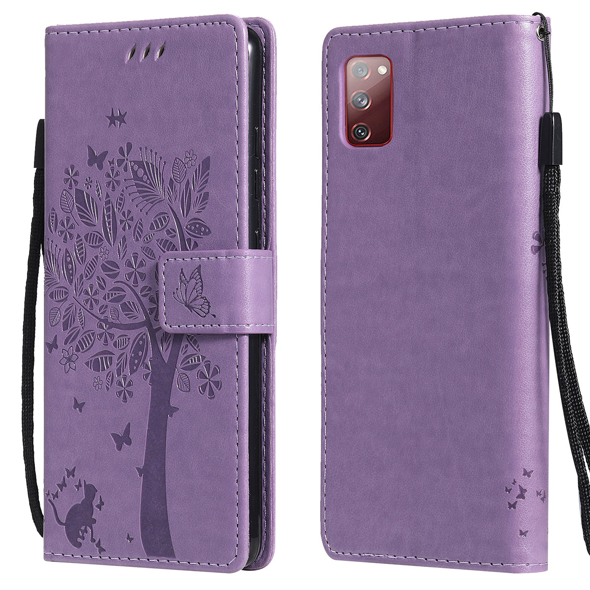 Wallet Stand Design Full Protection KT Imprinting Flower Series-3 Cat and Tree Imprinting Leather Cover + TPU Inner Phone Case for Samsung Galaxy S20 FE 2022/S20 FE 4G/S20 FE 5G/S20 Lite - Light Purple