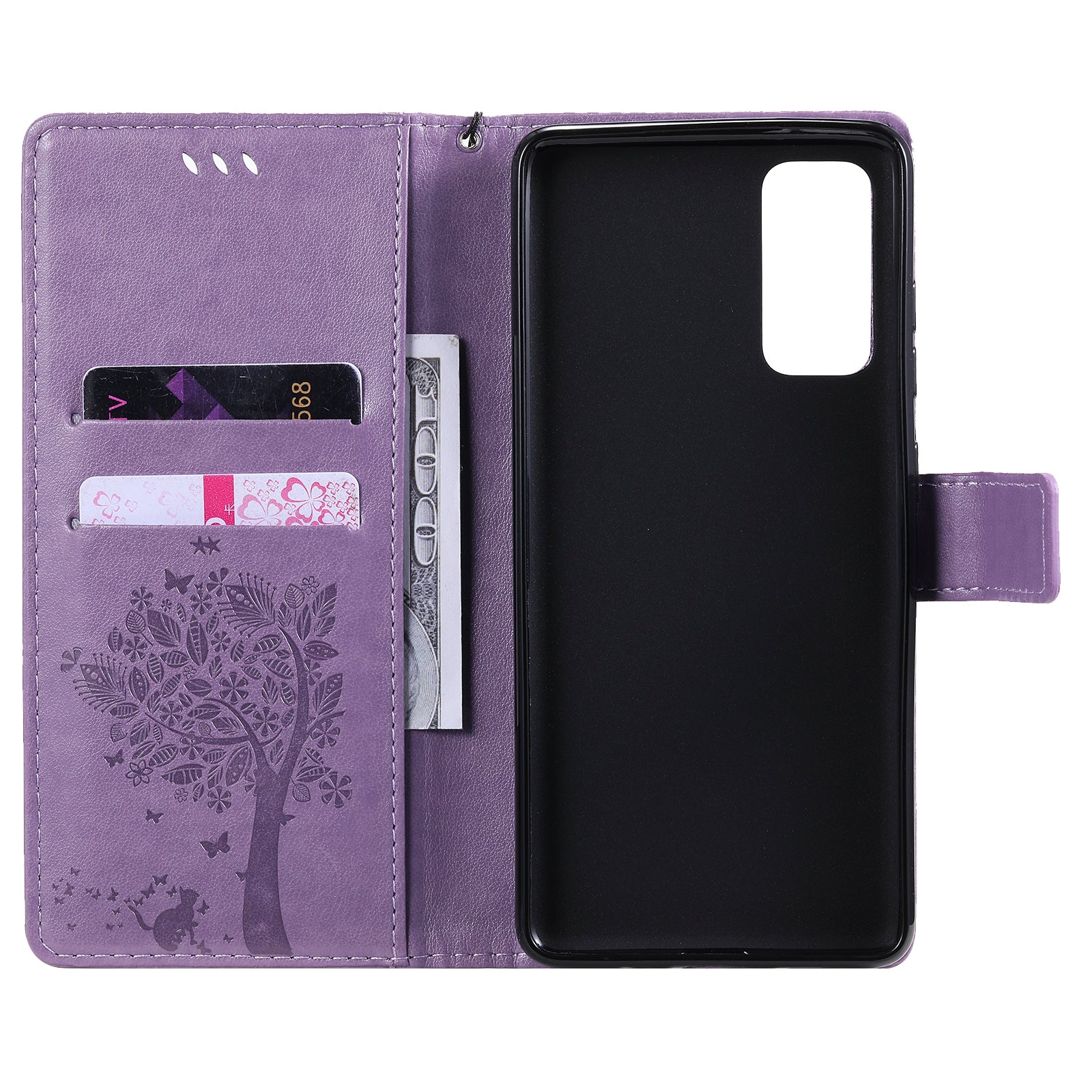 Wallet Stand Design Full Protection KT Imprinting Flower Series-3 Cat and Tree Imprinting Leather Cover + TPU Inner Phone Case for Samsung Galaxy S20 FE 2022/S20 FE 4G/S20 FE 5G/S20 Lite - Light Purple