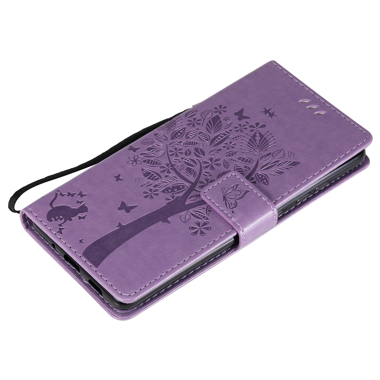 Wallet Stand Design Full Protection KT Imprinting Flower Series-3 Cat and Tree Imprinting Leather Cover + TPU Inner Phone Case for Samsung Galaxy S20 FE 2022/S20 FE 4G/S20 FE 5G/S20 Lite - Light Purple