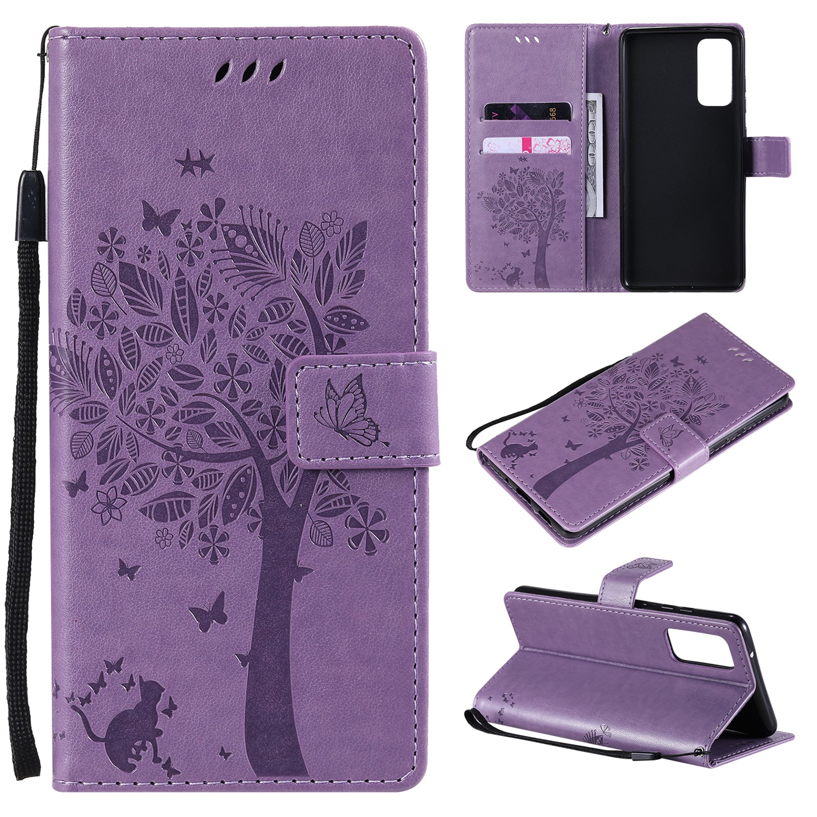 Wallet Stand Design Full Protection KT Imprinting Flower Series-3 Cat and Tree Imprinting Leather Cover + TPU Inner Phone Case for Samsung Galaxy S20 FE 2022/S20 FE 4G/S20 FE 5G/S20 Lite - Light Purple