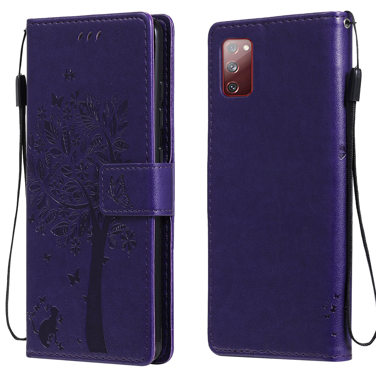 Wallet Stand Design Full Protection KT Imprinting Flower Series-3 Cat and Tree Imprinting Leather Cover + TPU Inner Phone Case for Samsung Galaxy S20 FE 2022/S20 FE 4G/S20 FE 5G/S20 Lite - Purple