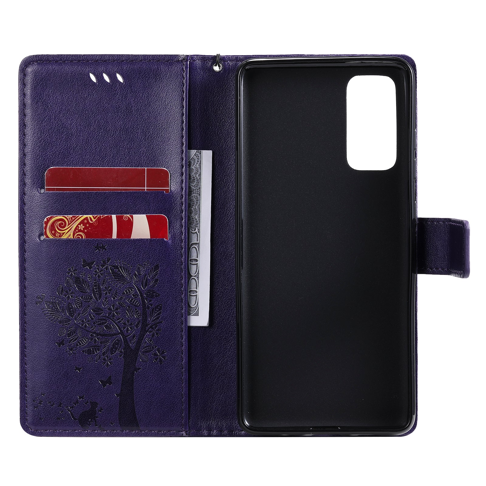 Wallet Stand Design Full Protection KT Imprinting Flower Series-3 Cat and Tree Imprinting Leather Cover + TPU Inner Phone Case for Samsung Galaxy S20 FE 2022/S20 FE 4G/S20 FE 5G/S20 Lite - Purple