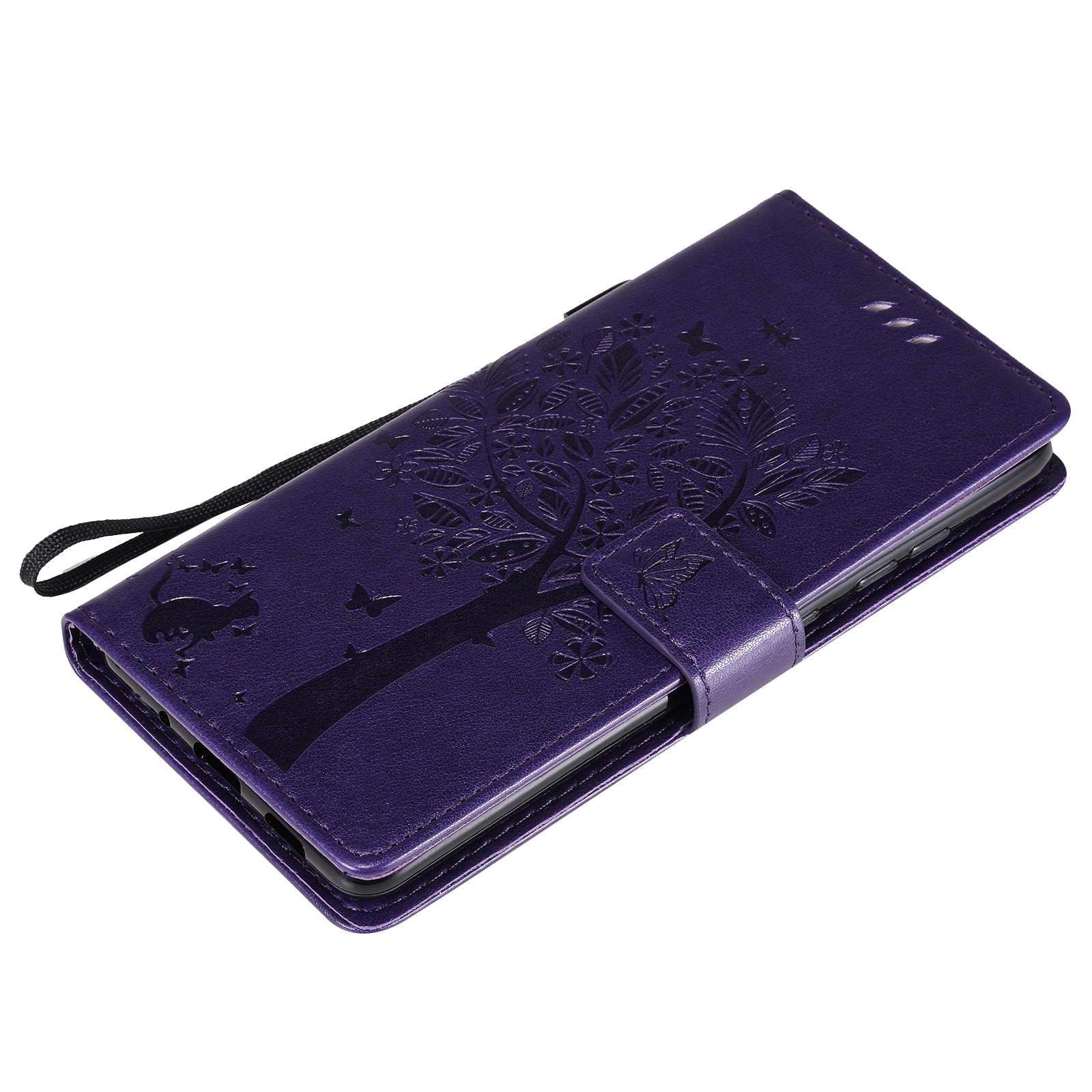 Wallet Stand Design Full Protection KT Imprinting Flower Series-3 Cat and Tree Imprinting Leather Cover + TPU Inner Phone Case for Samsung Galaxy S20 FE 2022/S20 FE 4G/S20 FE 5G/S20 Lite - Purple