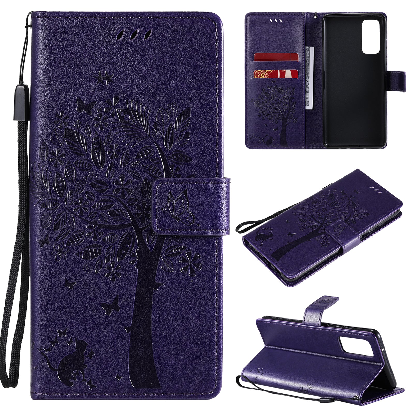 Wallet Stand Design Full Protection KT Imprinting Flower Series-3 Cat and Tree Imprinting Leather Cover + TPU Inner Phone Case for Samsung Galaxy S20 FE 2022/S20 FE 4G/S20 FE 5G/S20 Lite - Purple