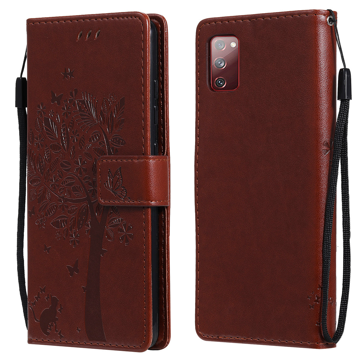 Wallet Stand Design Full Protection KT Imprinting Flower Series-3 Cat and Tree Imprinting Leather Cover + TPU Inner Phone Case for Samsung Galaxy S20 FE 2022/S20 FE 4G/S20 FE 5G/S20 Lite - Coffee