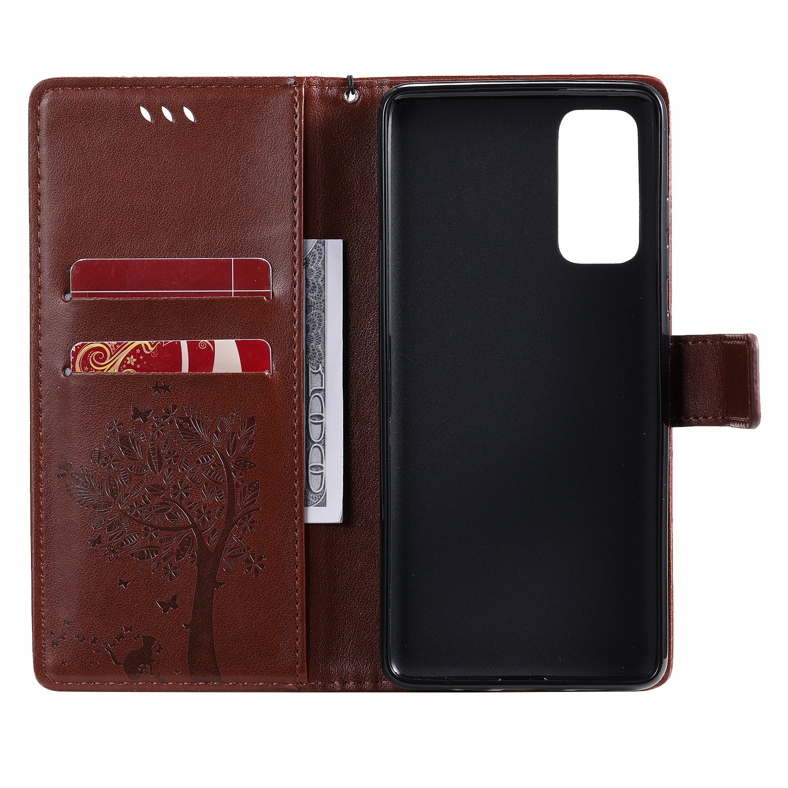 Wallet Stand Design Full Protection KT Imprinting Flower Series-3 Cat and Tree Imprinting Leather Cover + TPU Inner Phone Case for Samsung Galaxy S20 FE 2022/S20 FE 4G/S20 FE 5G/S20 Lite - Coffee