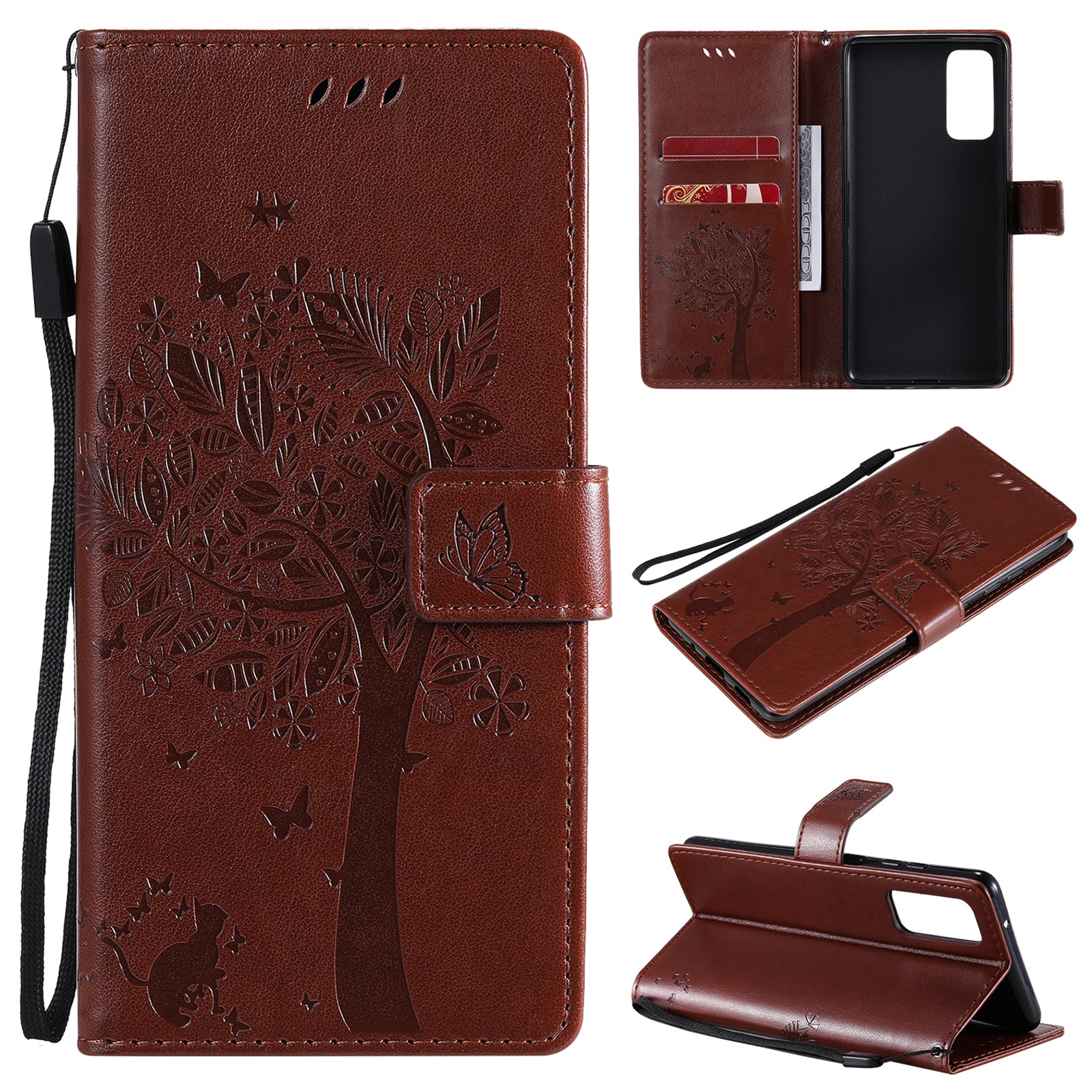 Wallet Stand Design Full Protection KT Imprinting Flower Series-3 Cat and Tree Imprinting Leather Cover + TPU Inner Phone Case for Samsung Galaxy S20 FE 2022/S20 FE 4G/S20 FE 5G/S20 Lite - Coffee