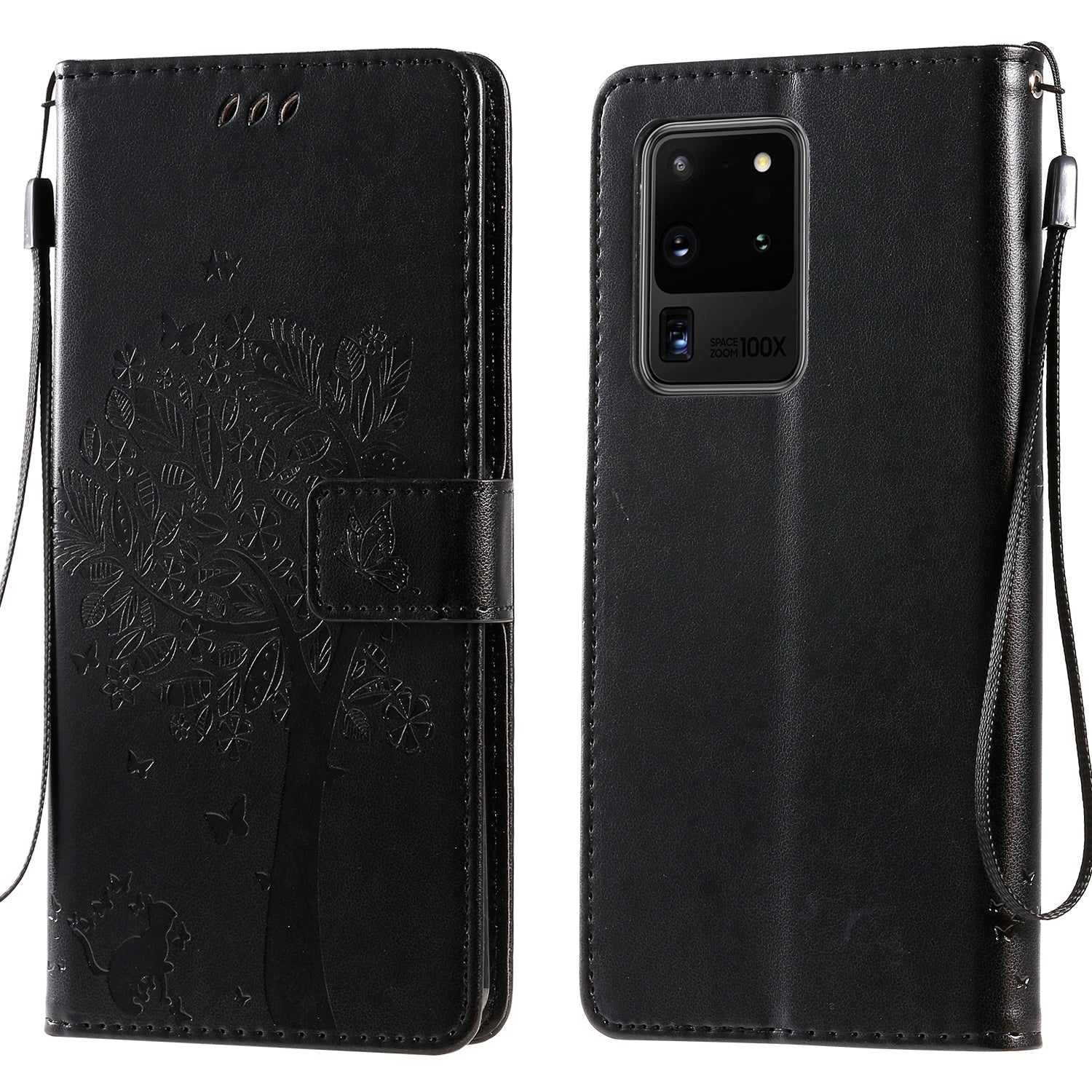 All-Inclusive KT Imprinting Flower Series-3 Cat and Tree Imprinting Wallet Stand Design Leather Cover + TPU Inner Phone Case for Samsung Galaxy S20 Ultra - Black