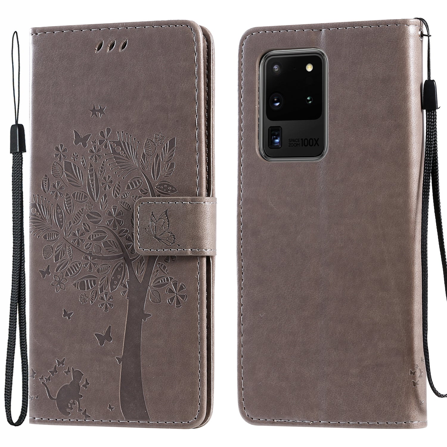 All-Inclusive KT Imprinting Flower Series-3 Cat and Tree Imprinting Wallet Stand Design Leather Cover + TPU Inner Phone Case for Samsung Galaxy S20 Ultra - Grey