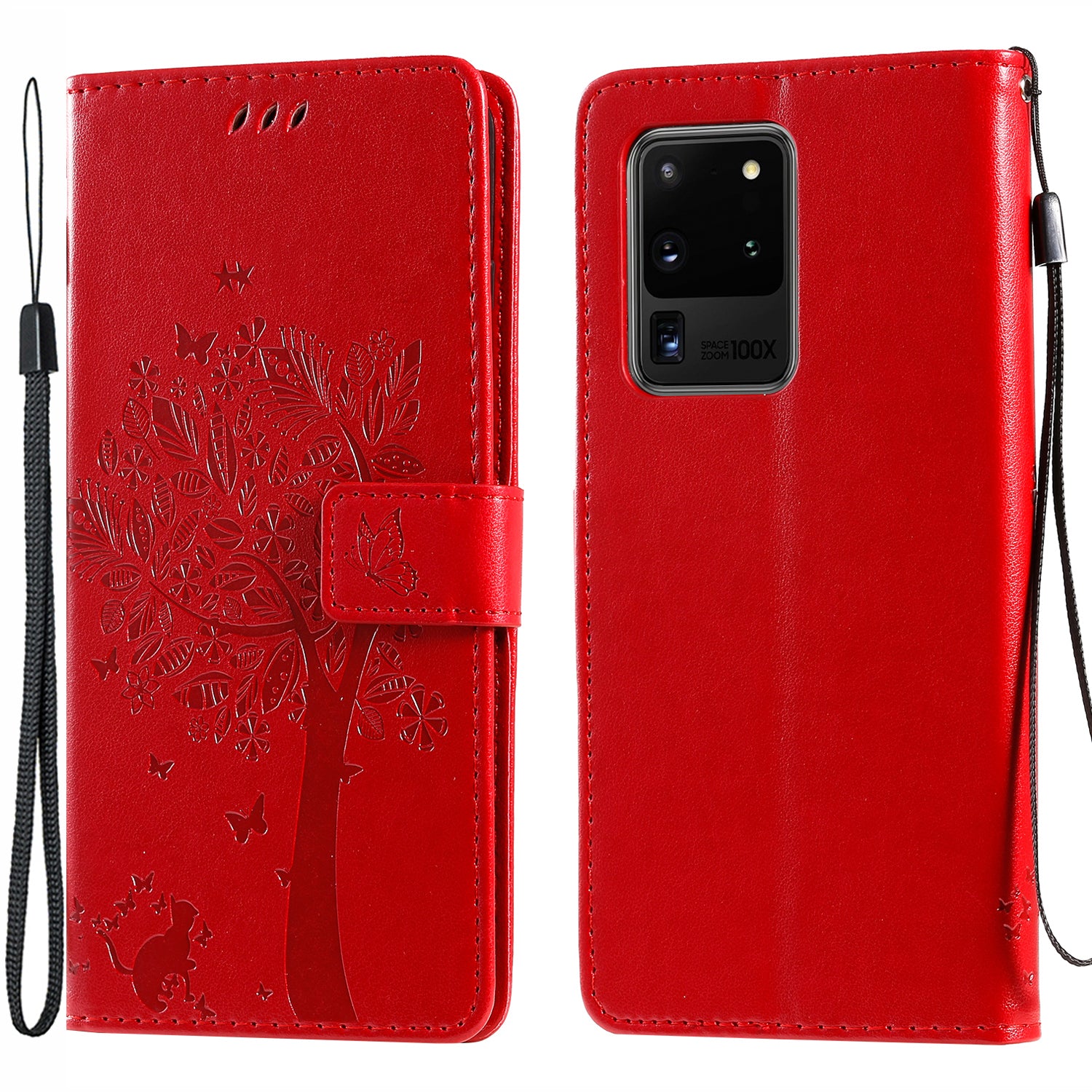 All-Inclusive KT Imprinting Flower Series-3 Cat and Tree Imprinting Wallet Stand Design Leather Cover + TPU Inner Phone Case for Samsung Galaxy S20 Ultra - Red