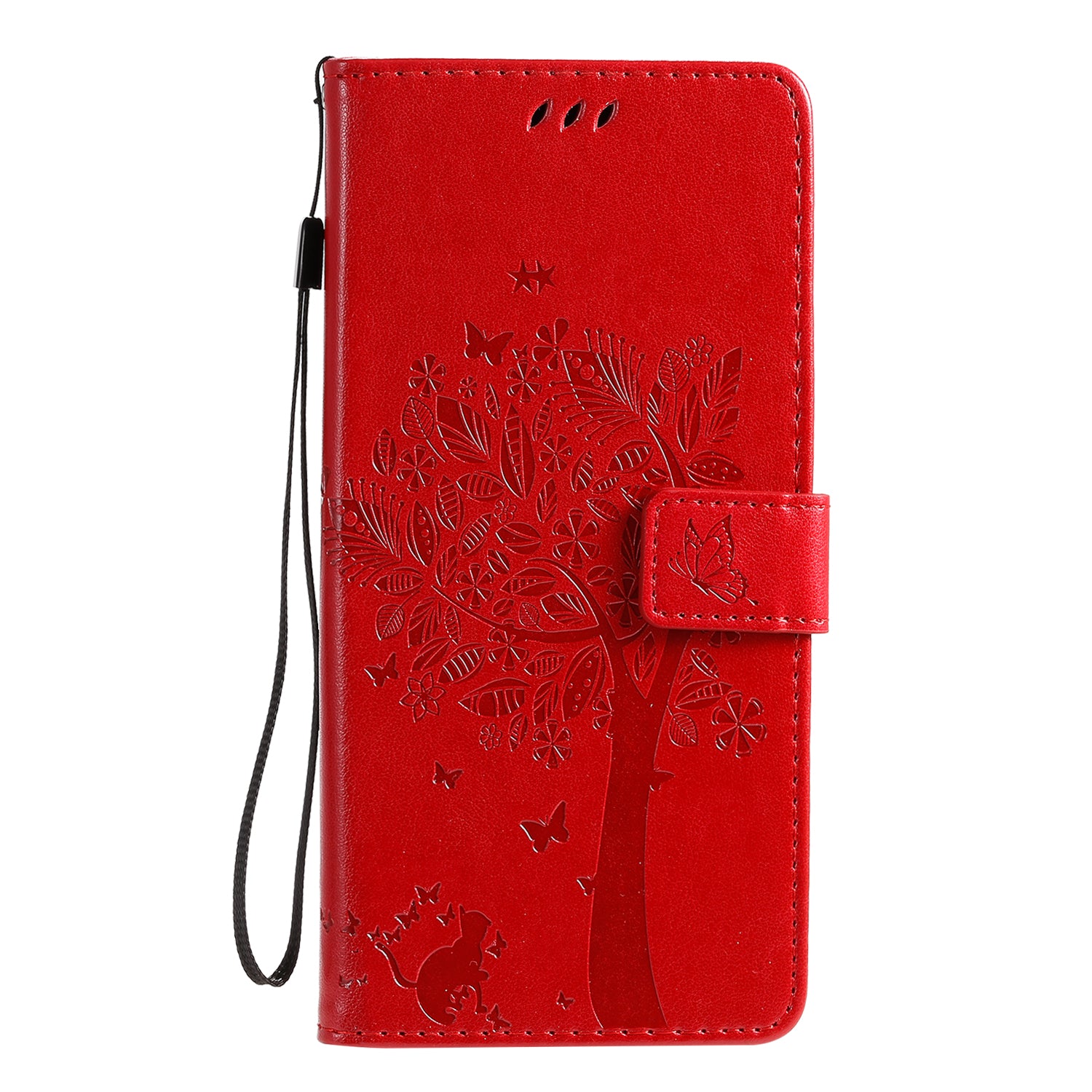 All-Inclusive KT Imprinting Flower Series-3 Cat and Tree Imprinting Wallet Stand Design Leather Cover + TPU Inner Phone Case for Samsung Galaxy S20 Ultra - Red