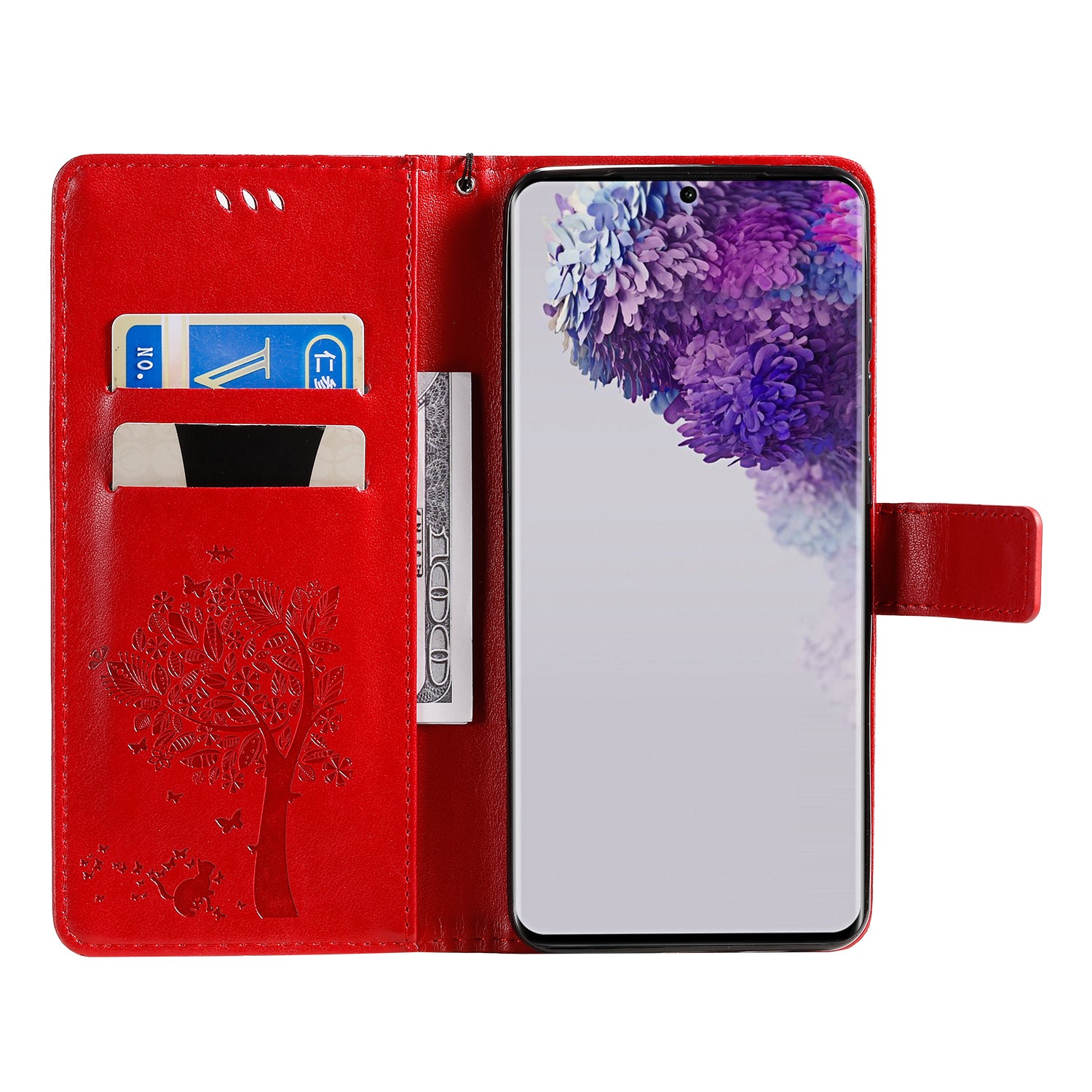 All-Inclusive KT Imprinting Flower Series-3 Cat and Tree Imprinting Wallet Stand Design Leather Cover + TPU Inner Phone Case for Samsung Galaxy S20 Ultra - Red