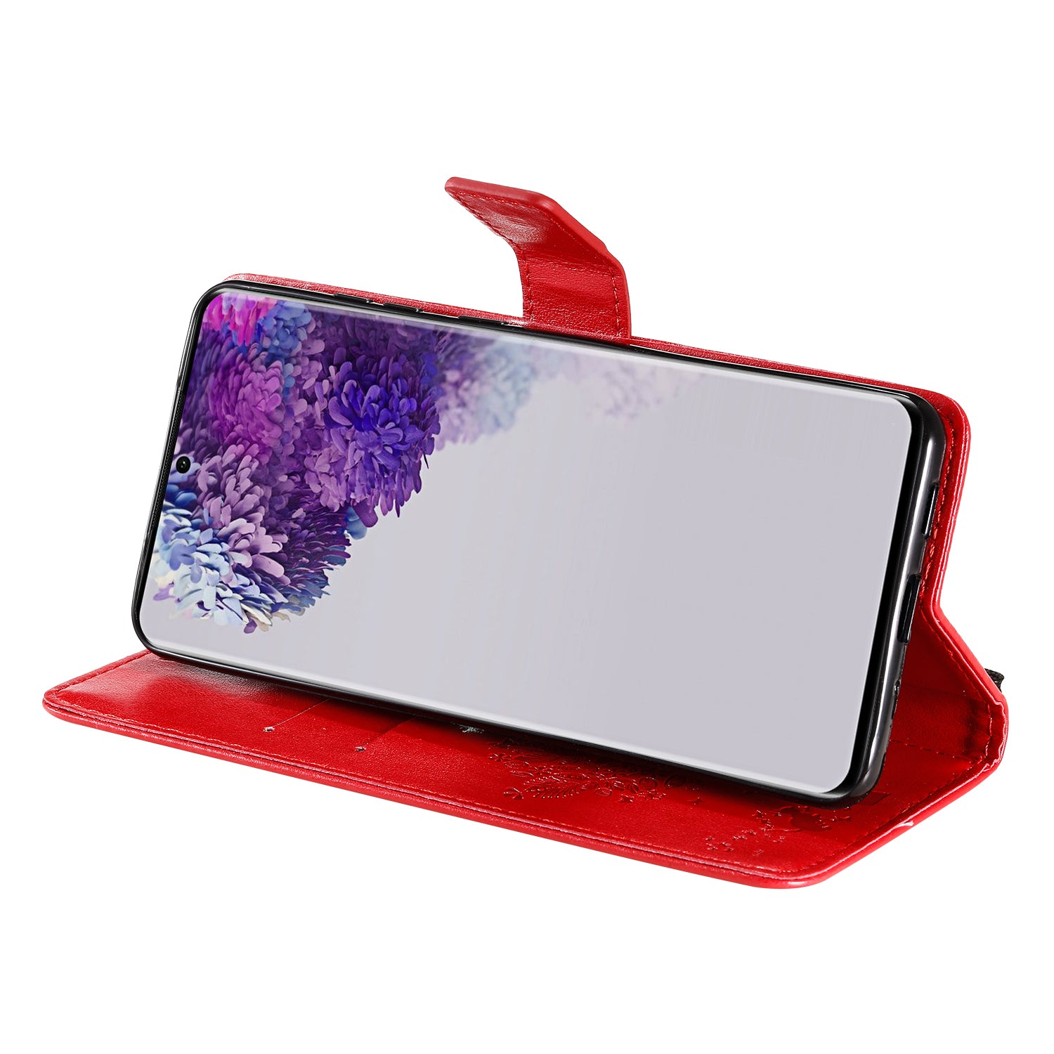 All-Inclusive KT Imprinting Flower Series-3 Cat and Tree Imprinting Wallet Stand Design Leather Cover + TPU Inner Phone Case for Samsung Galaxy S20 Ultra - Red