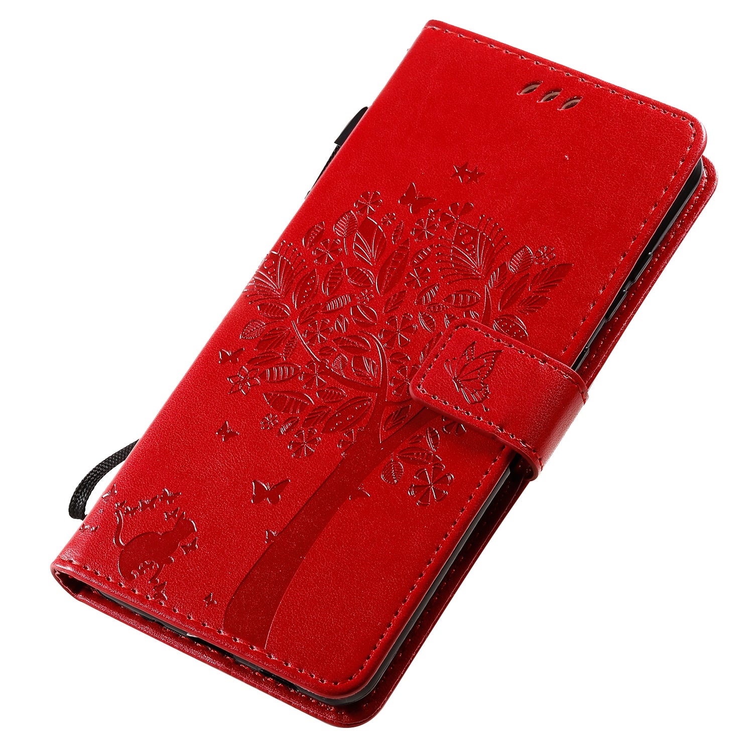 All-Inclusive KT Imprinting Flower Series-3 Cat and Tree Imprinting Wallet Stand Design Leather Cover + TPU Inner Phone Case for Samsung Galaxy S20 Ultra - Red