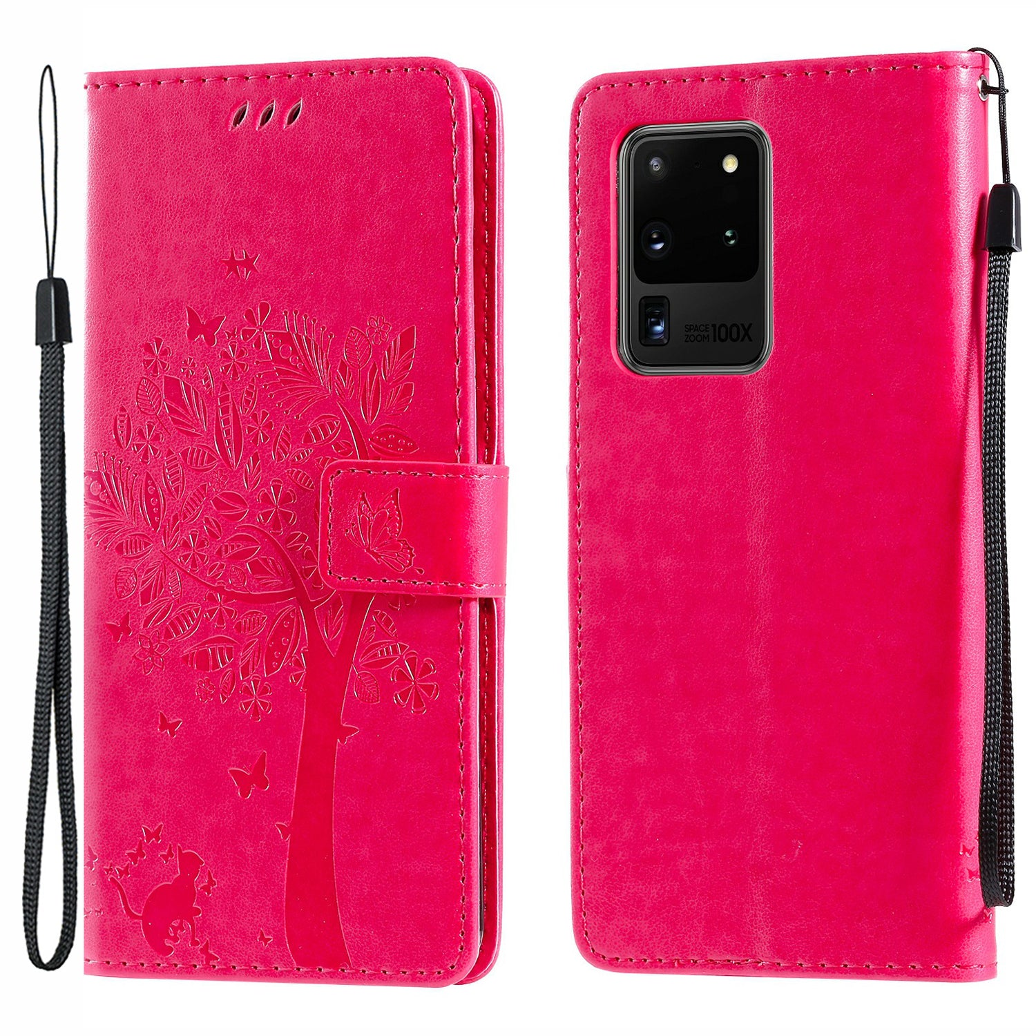 All-Inclusive KT Imprinting Flower Series-3 Cat and Tree Imprinting Wallet Stand Design Leather Cover + TPU Inner Phone Case for Samsung Galaxy S20 Ultra - Rose