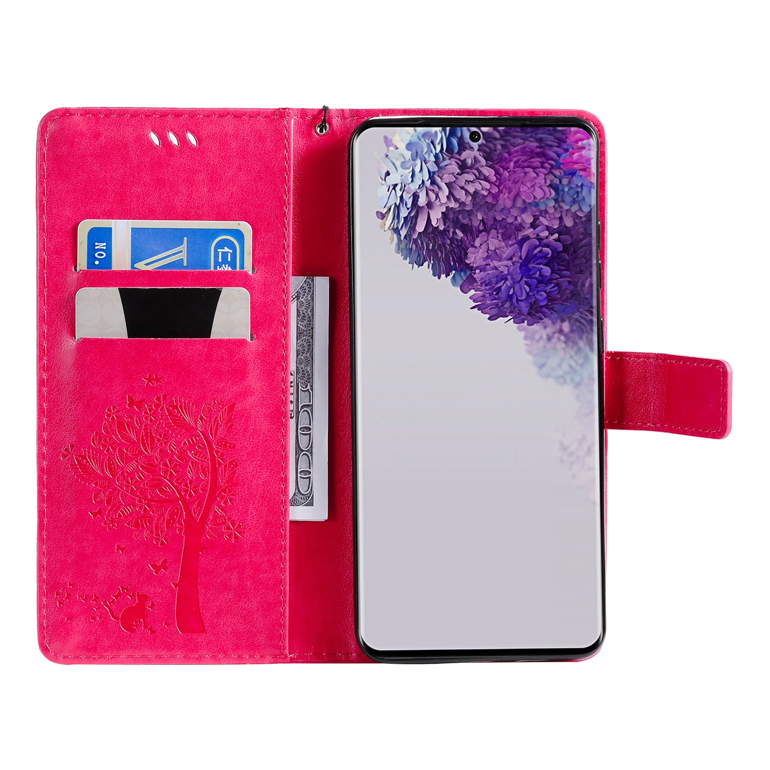 All-Inclusive KT Imprinting Flower Series-3 Cat and Tree Imprinting Wallet Stand Design Leather Cover + TPU Inner Phone Case for Samsung Galaxy S20 Ultra - Rose