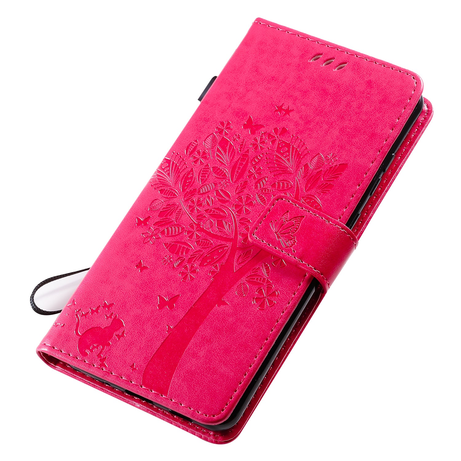 All-Inclusive KT Imprinting Flower Series-3 Cat and Tree Imprinting Wallet Stand Design Leather Cover + TPU Inner Phone Case for Samsung Galaxy S20 Ultra - Rose