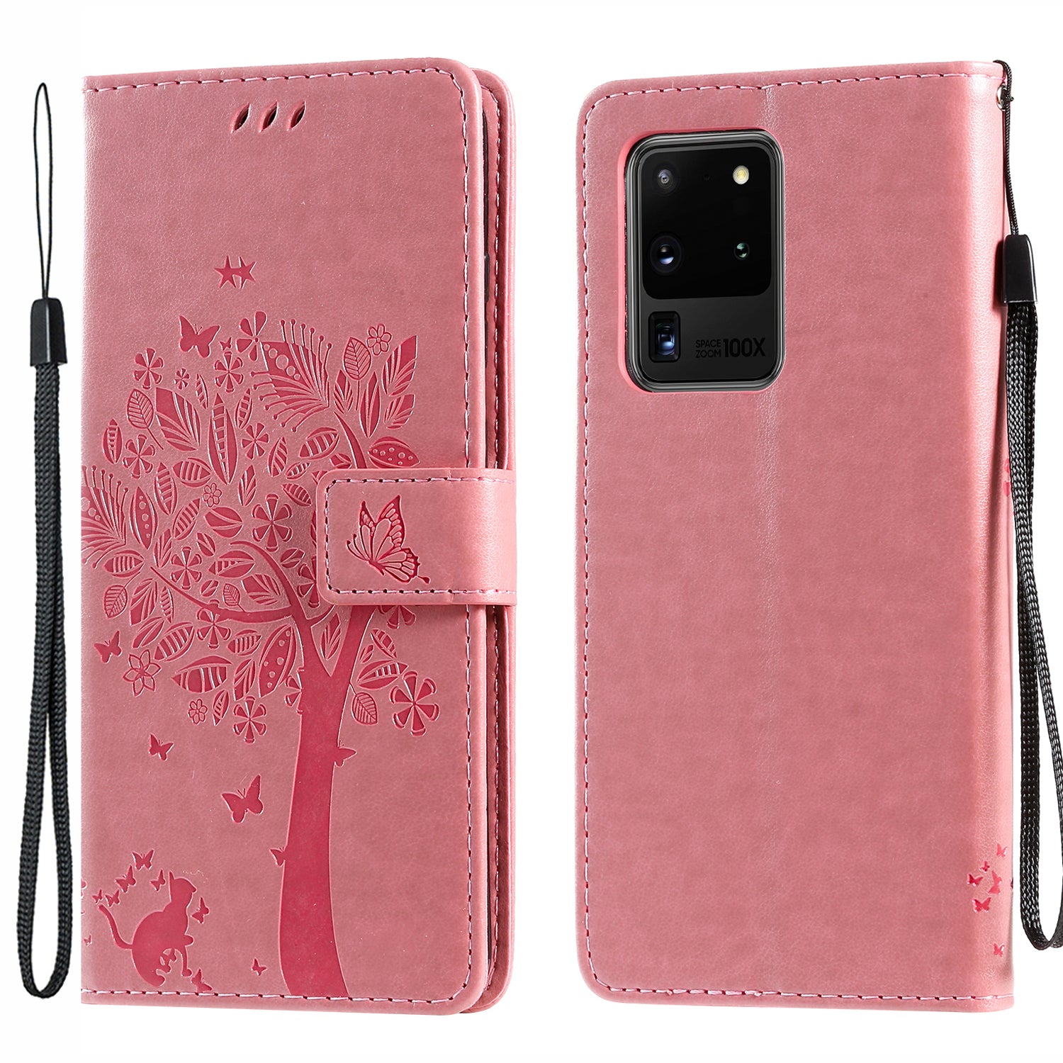 All-Inclusive KT Imprinting Flower Series-3 Cat and Tree Imprinting Wallet Stand Design Leather Cover + TPU Inner Phone Case for Samsung Galaxy S20 Ultra - Pink